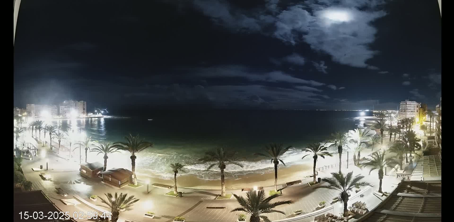 A nighttime view of a beach at the edge of a town, under a partly cloudy moonlit sky, shows palm trees lining a paved walkway and small buildings along the shore with waves breaking on the sand.