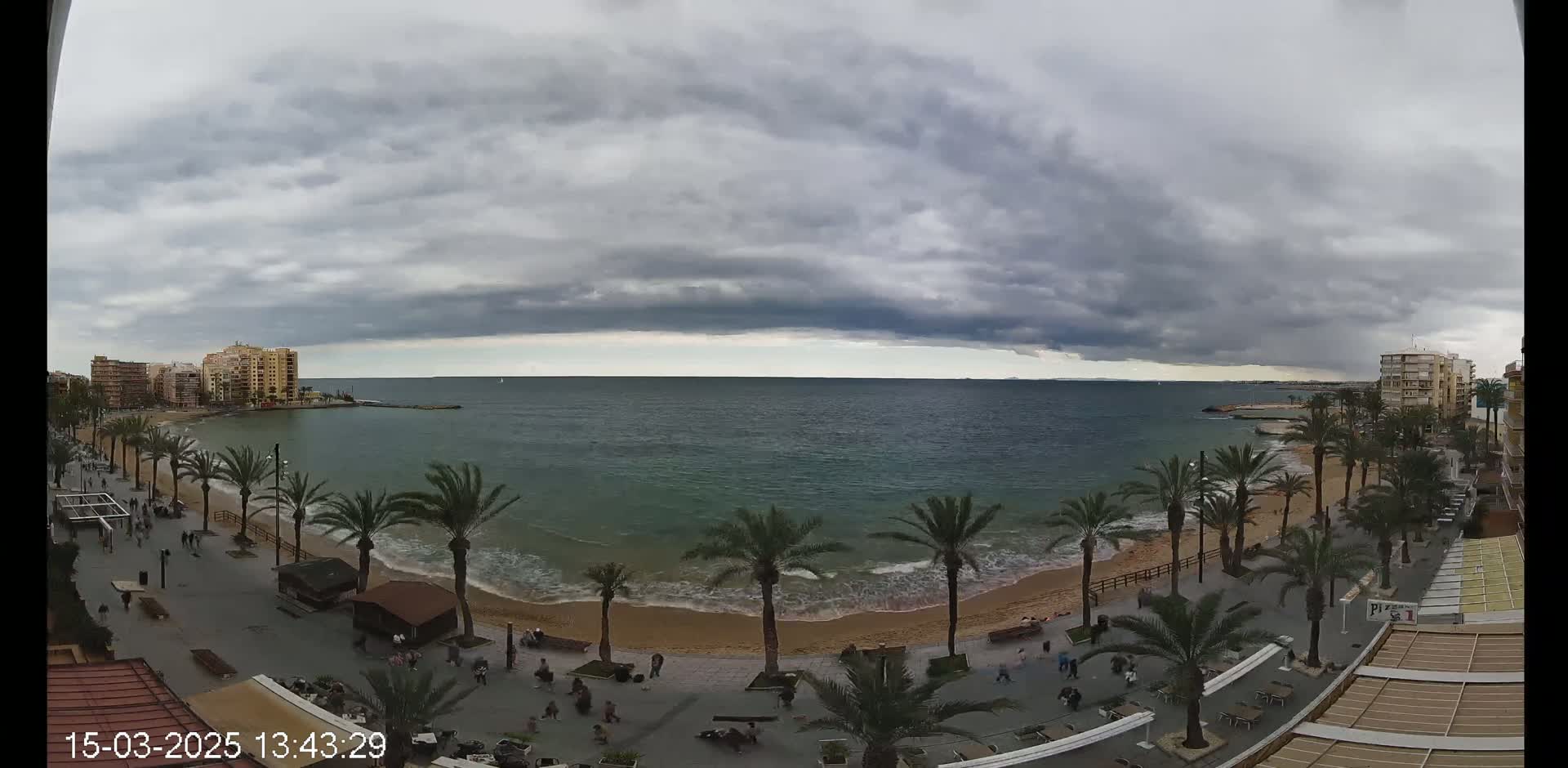 A beach scene with palm trees lining a promenade, overlooking a calm sea under a cloudy sky.