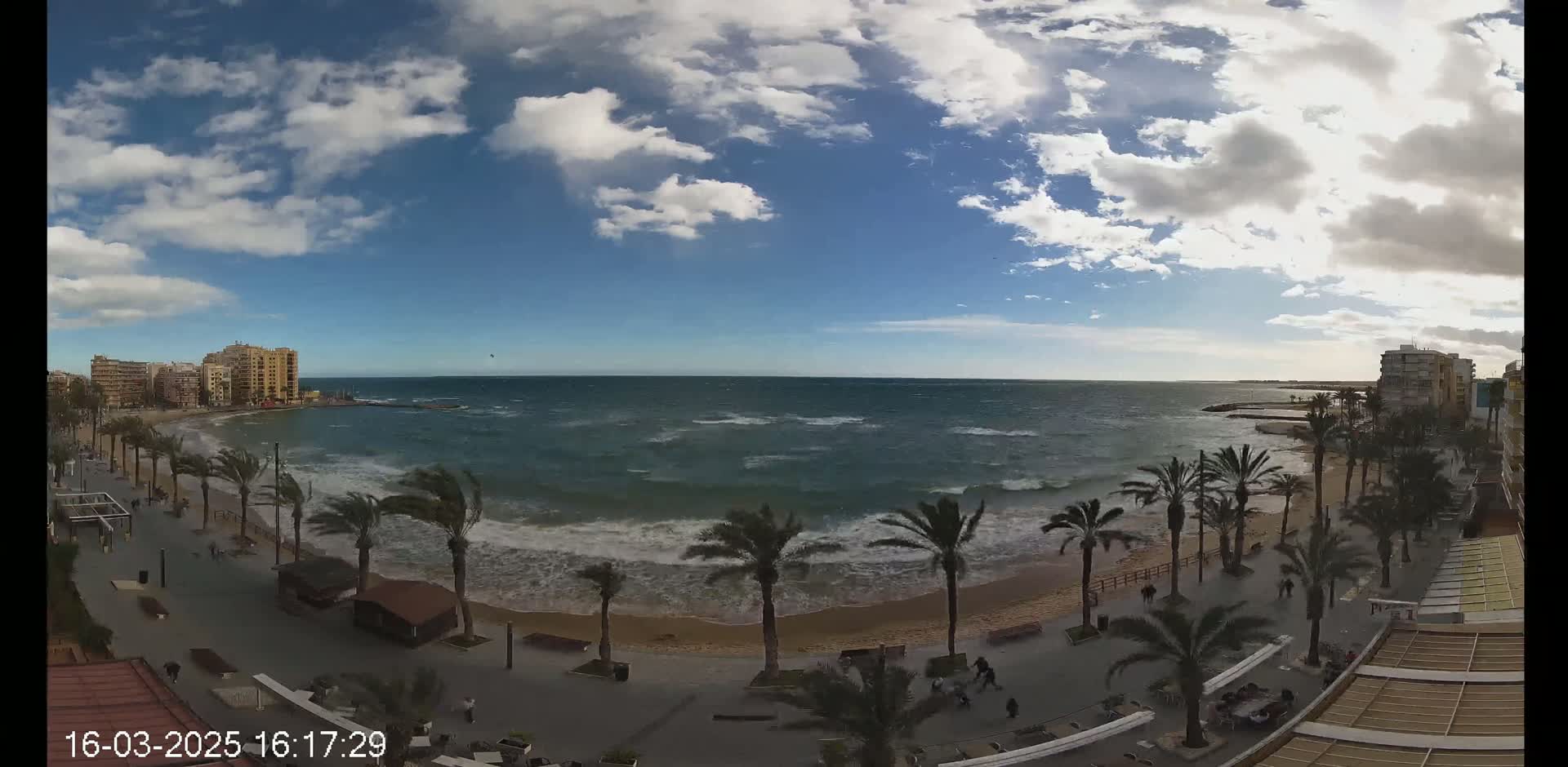 A partly cloudy day shows a wavy ocean meeting a sandy beach lined with palm trees and a paved walkway, with buildings visible in the distance.