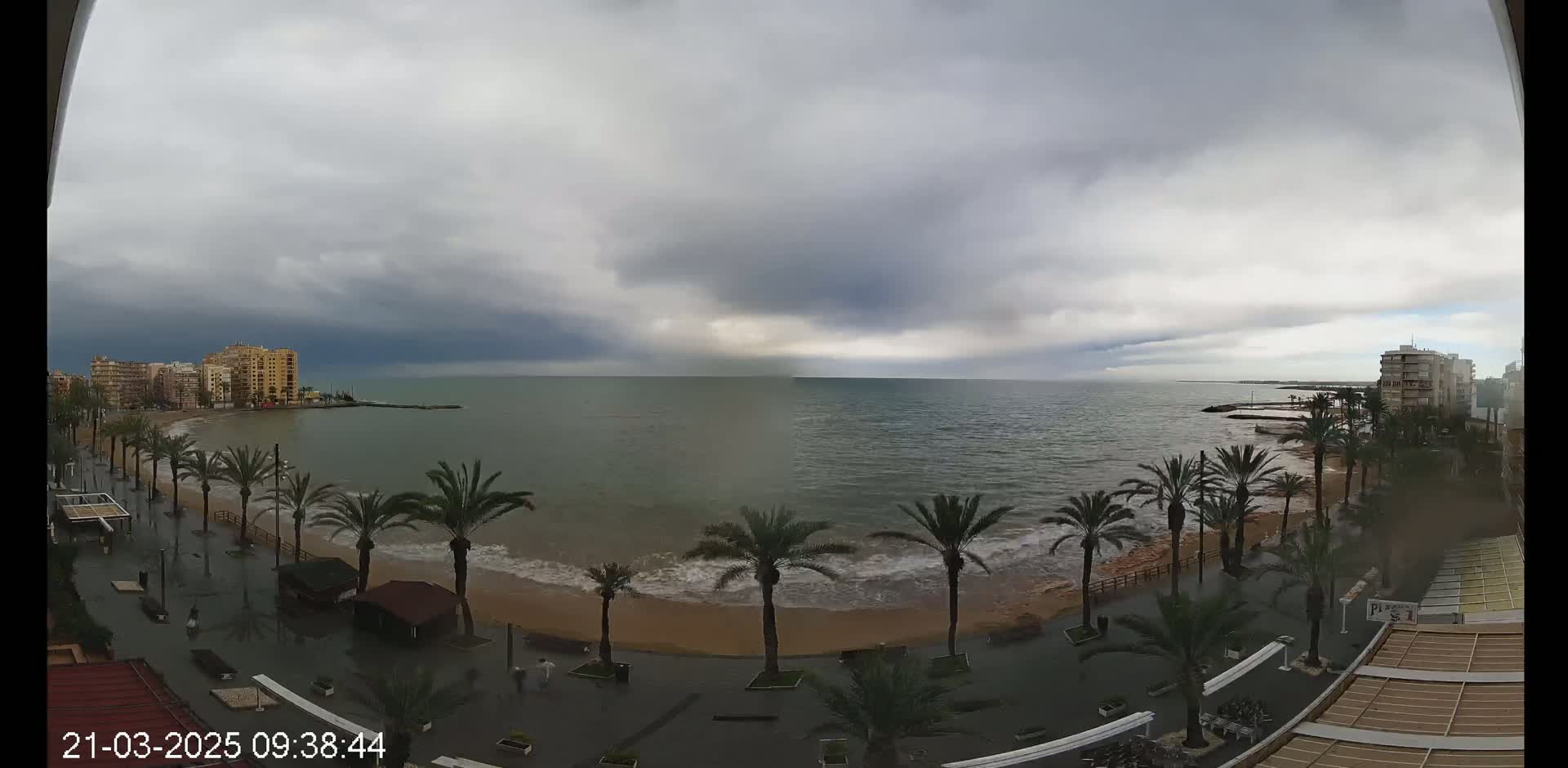 A seaside promenade with palm trees is partially flooded under a heavily overcast sky, with waves lapping at a sandy beach.