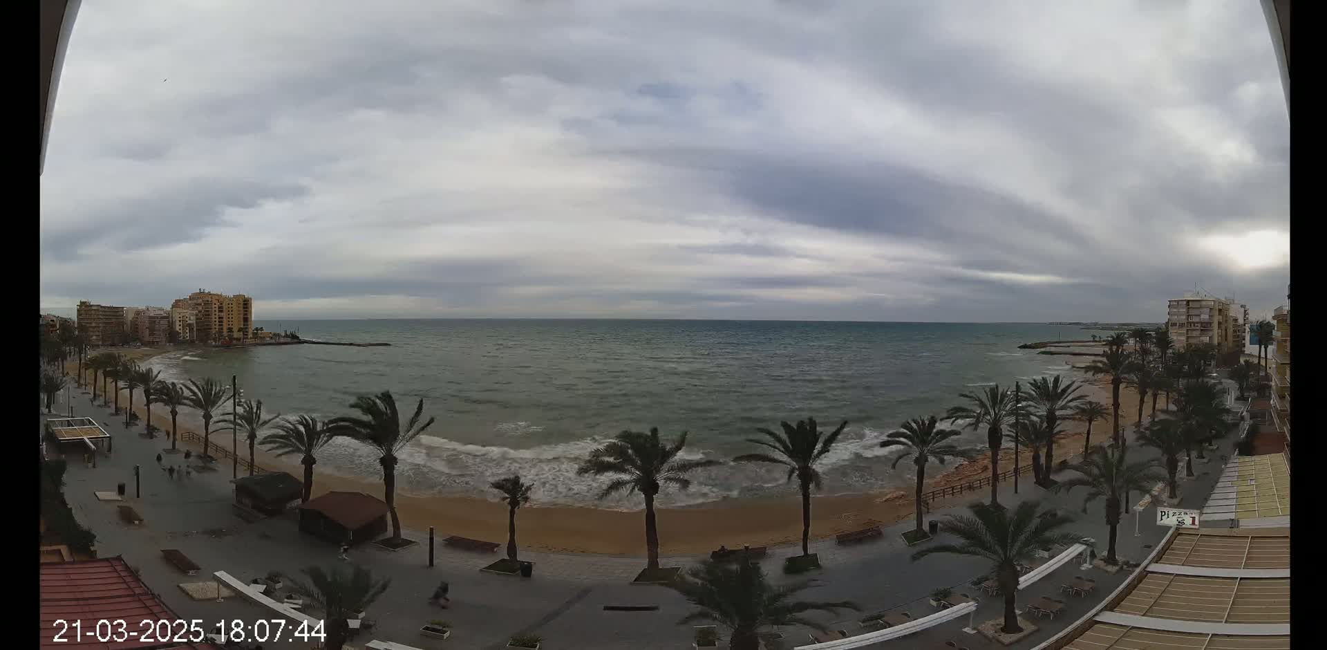 A sandy beach with palm trees lining a paved walkway is seen under an overcast sky, with waves breaking on the shore and buildings visible in the distance.