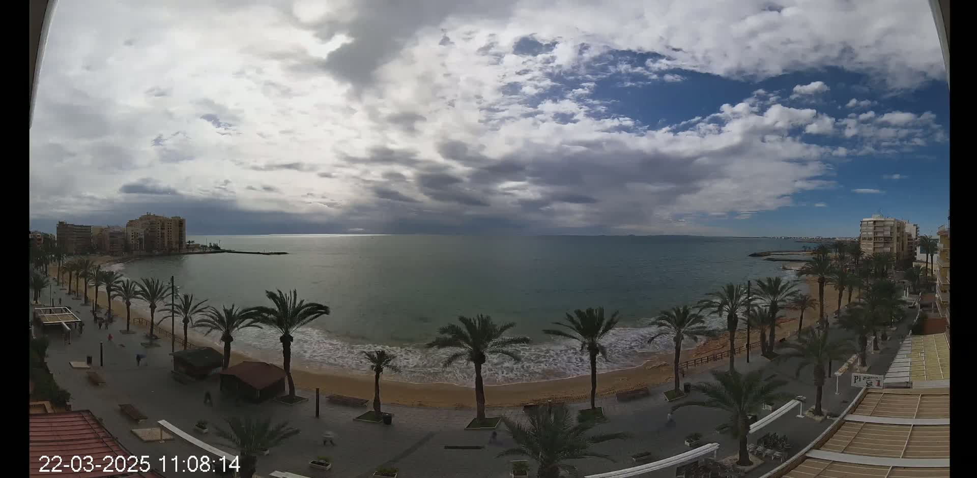 A partly cloudy day shows a beach with palm trees lining a paved walkway, buildings in the background, and a calm sea with small waves breaking on the shore.