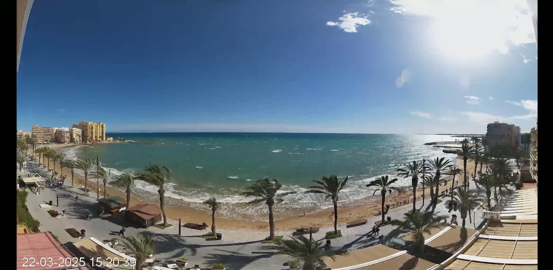 A sunny day with a windy ocean displays small waves lapping a sandy beach lined with palm trees and a boardwalk next to buildings.