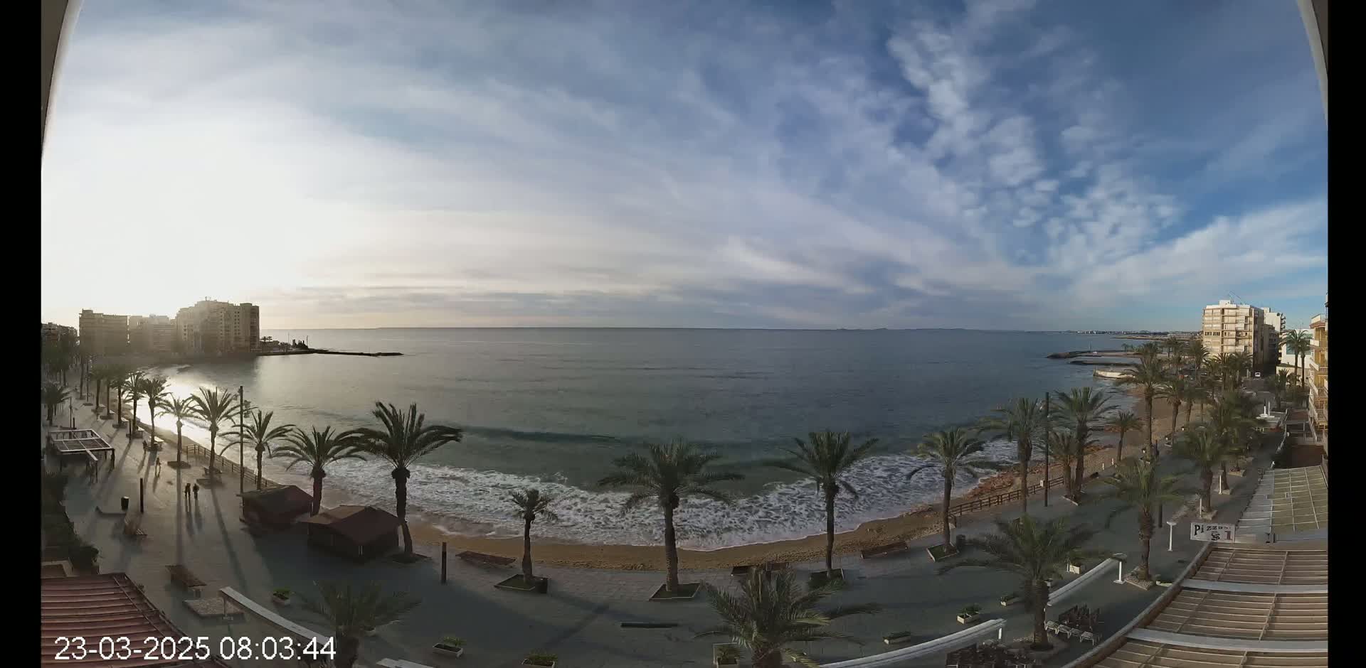 A partly cloudy sky overlooks a calm sea with small waves lapping a sandy beach lined with palm trees and buildings.