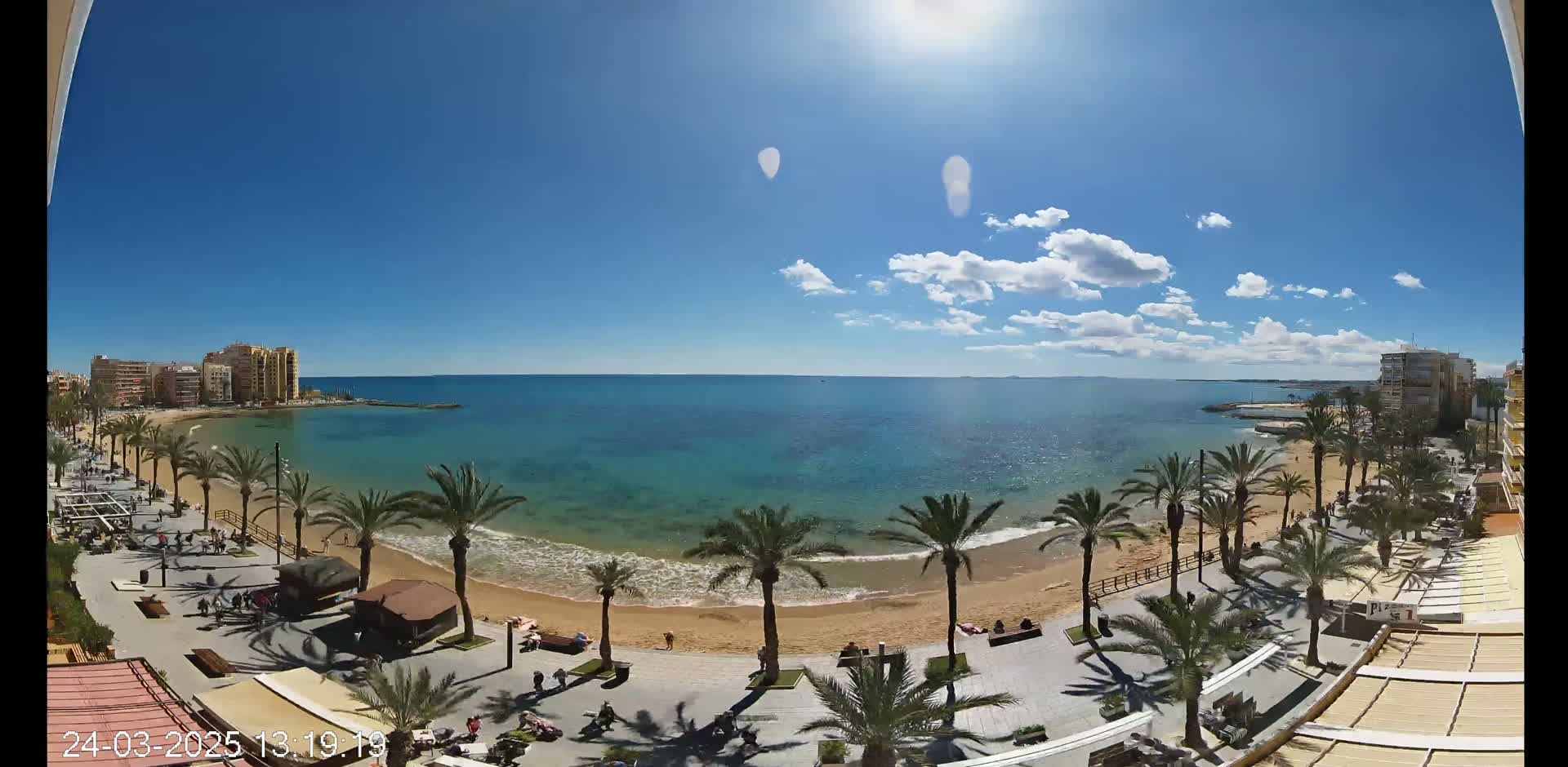 A sunny day shows a sandy beach lined with palm trees and buildings, with a calm, turquoise ocean extending to the horizon.