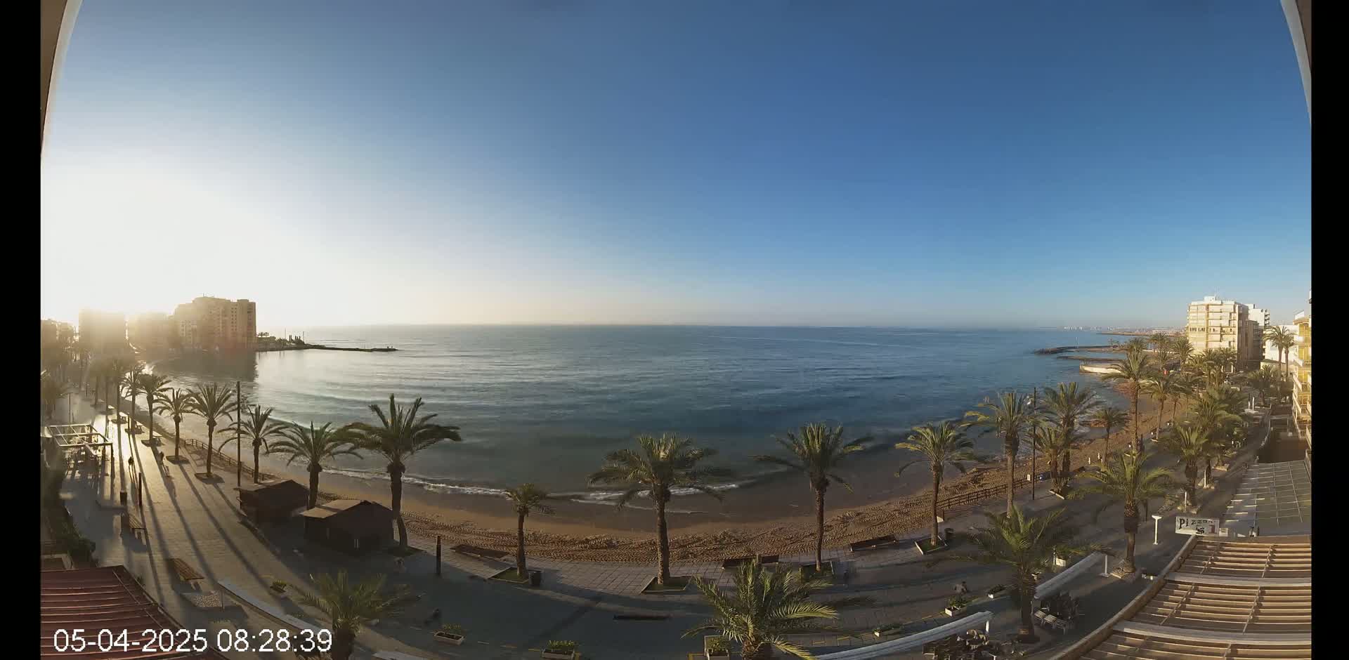 A clear, sunny morning reveals a sandy beach lined with palm trees and buildings, overlooking a calm sea.