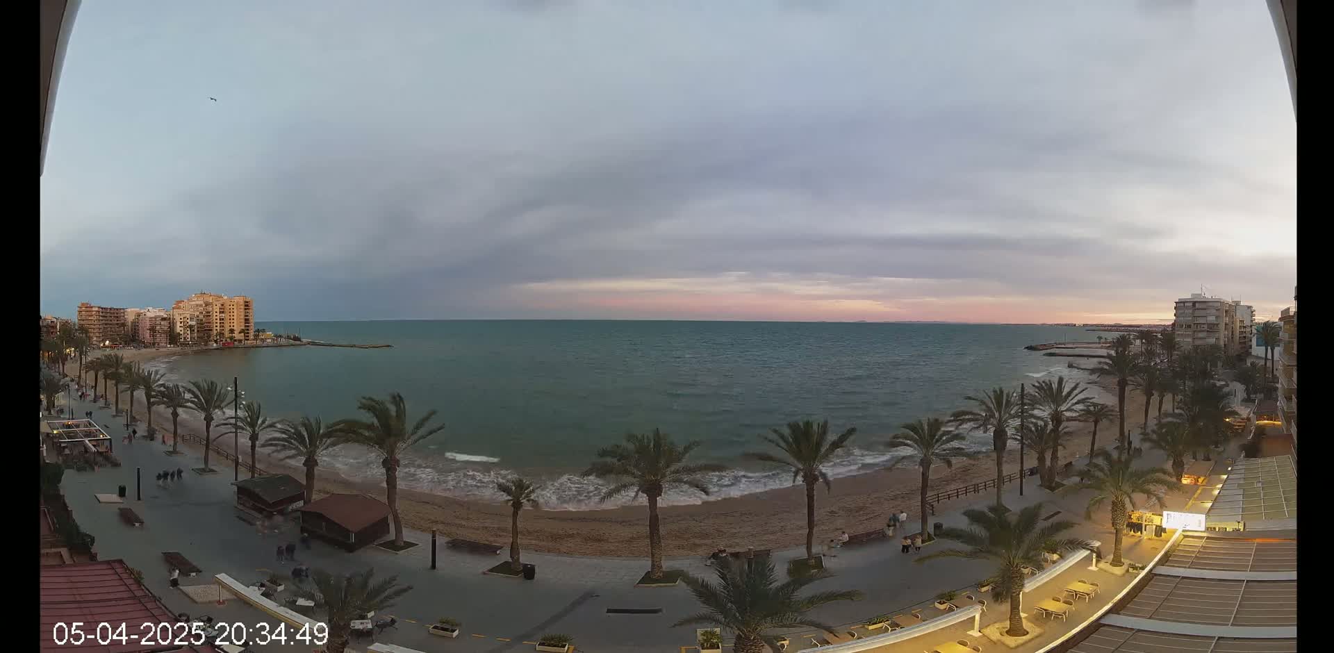 A beach with palm trees and buildings is visible under an overcast sky at sunset, with calm waves lapping the shore.
