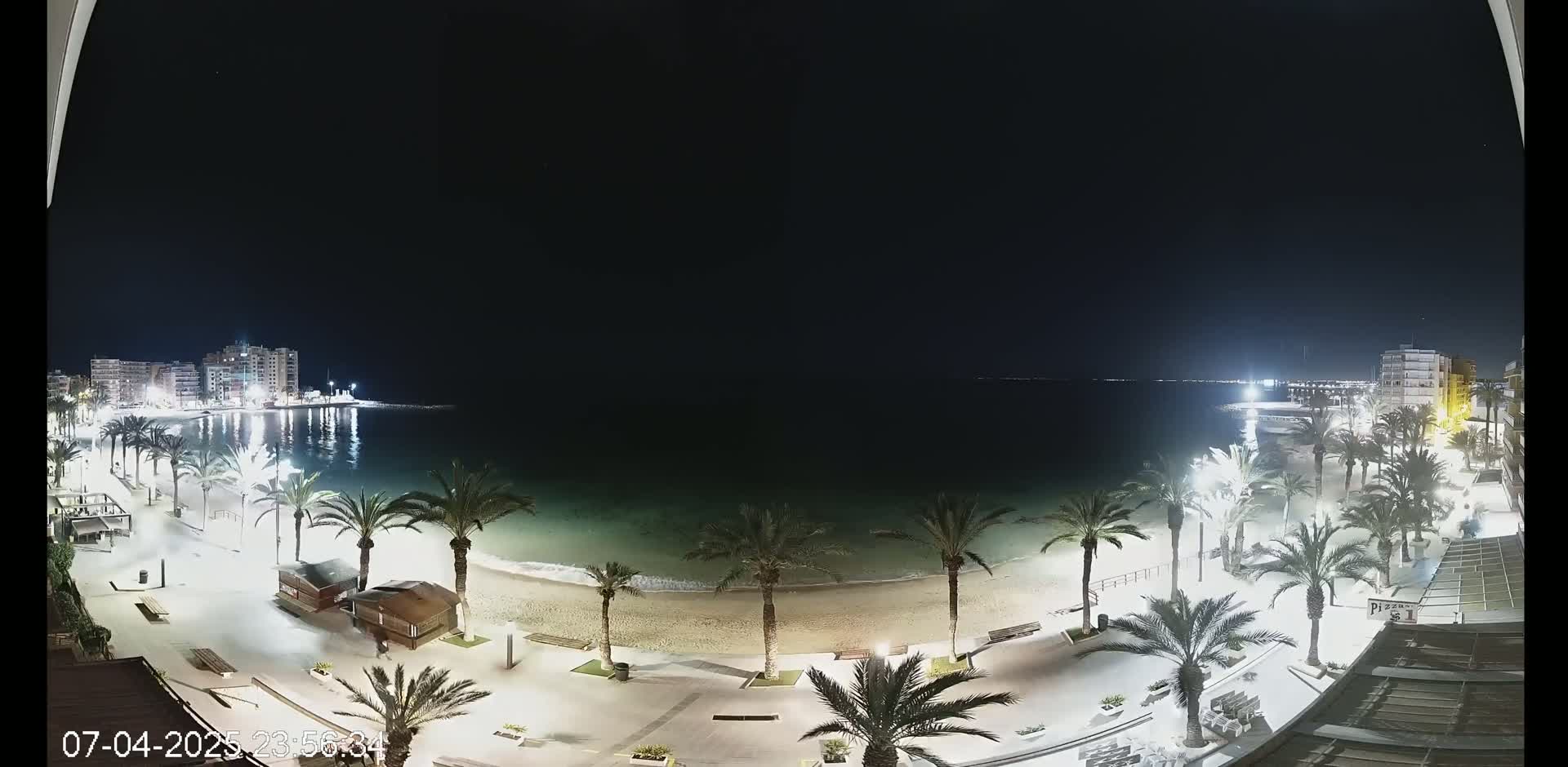 A nighttime view of a beach at night, illuminated with lights, featuring palm trees lining a sandy shore and buildings visible across a calm body of water.