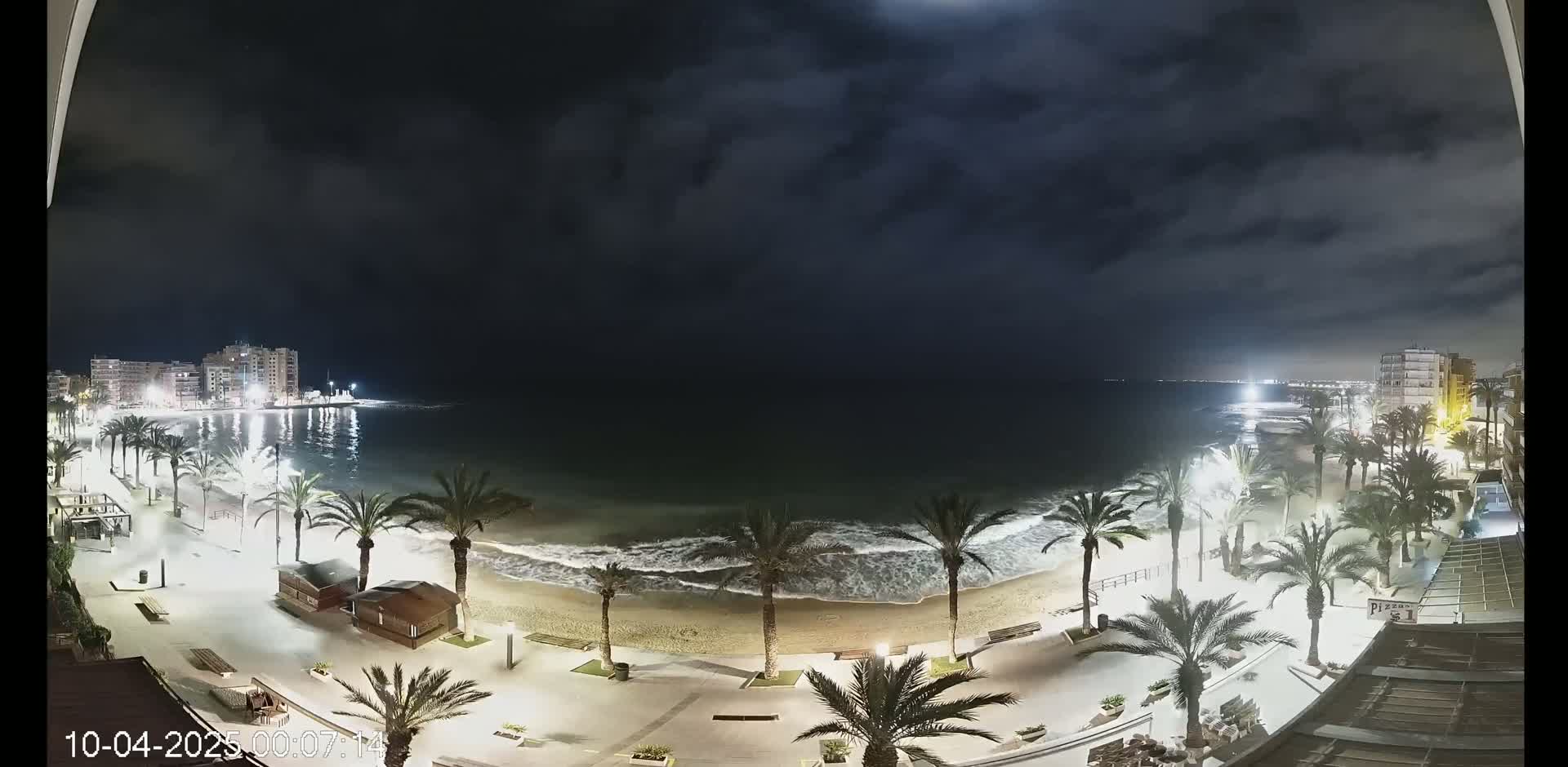 A nighttime view of a beach with palm trees lining a paved walkway, gentle waves lapping the shore, and buildings illuminated in the distance under a cloudy sky.