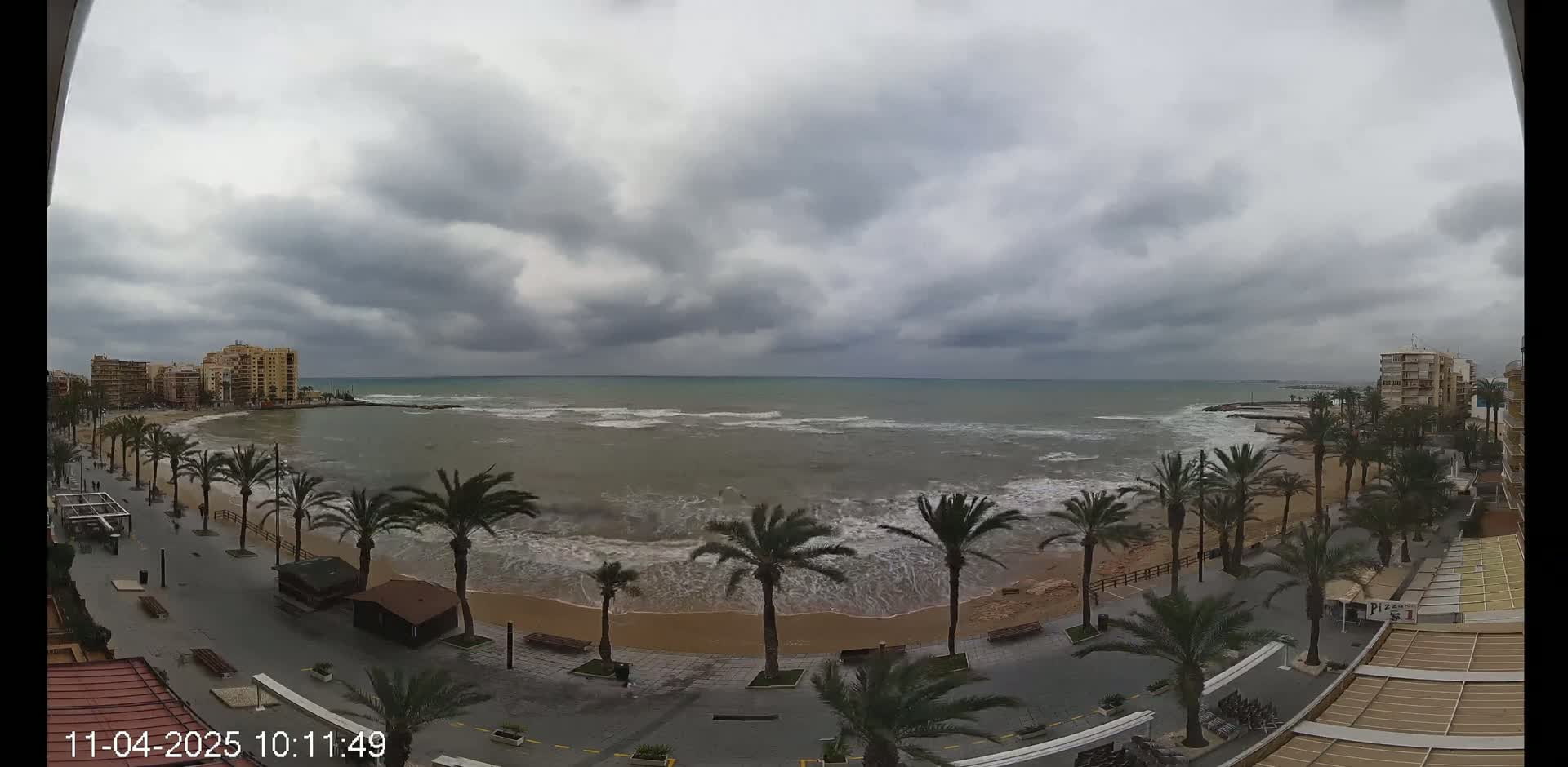 A beachside promenade with palm trees is shown under a cloudy sky, with somewhat choppy waves rolling onto a sandy beach.