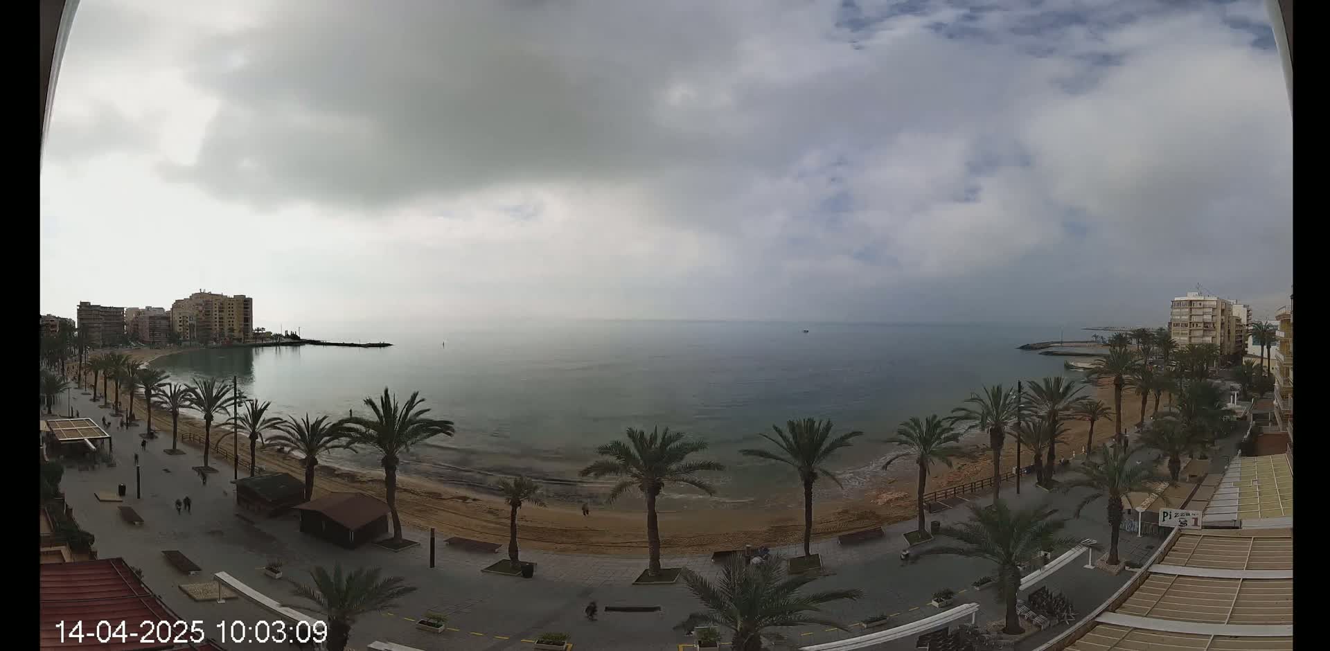 A mostly cloudy day reveals a sandy beach lined with palm trees and buildings, overlooking a calm sea.