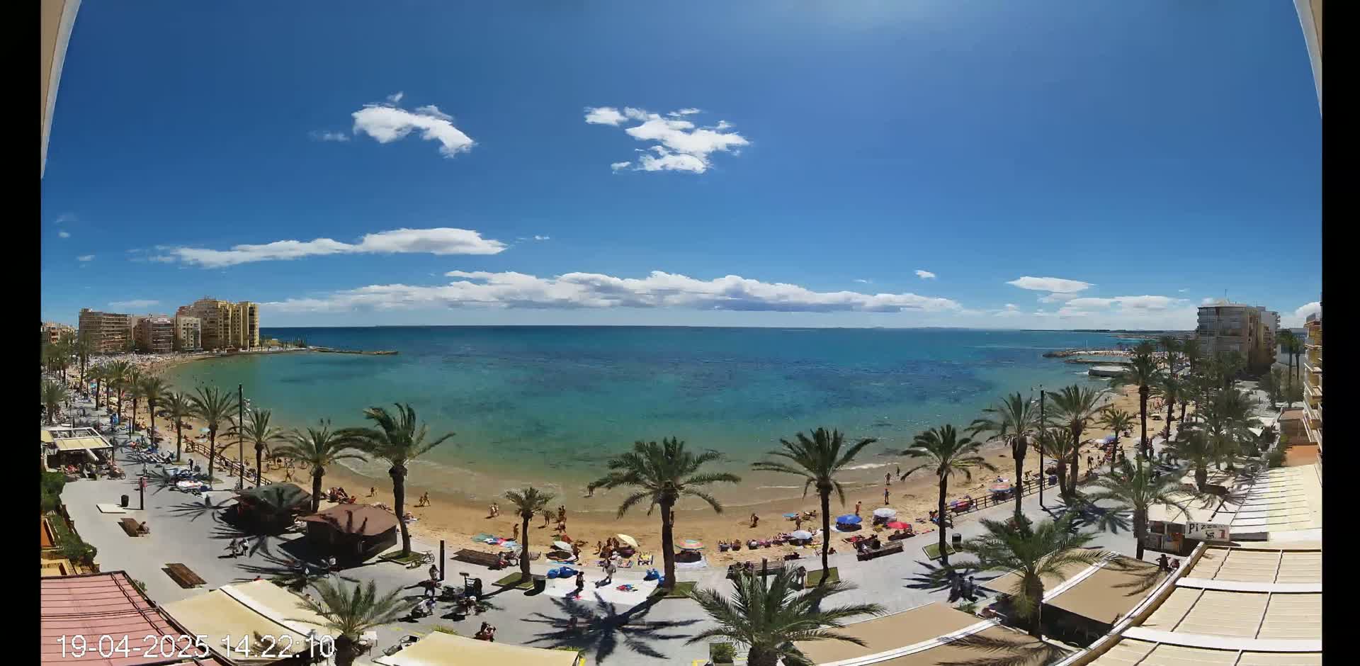 A sunny day at a beach shows a calm, turquoise sea, sandy shore lined with palm trees and beachgoers, and buildings in the background.