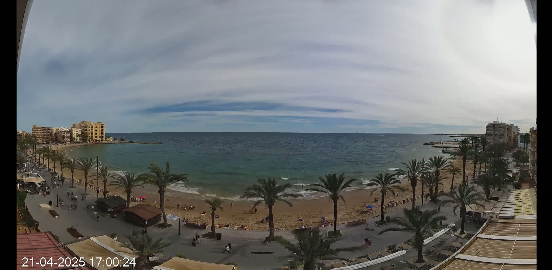 A sandy beach with palm trees and people on it is next to a calm, blue-green ocean under a mostly cloudy sky.