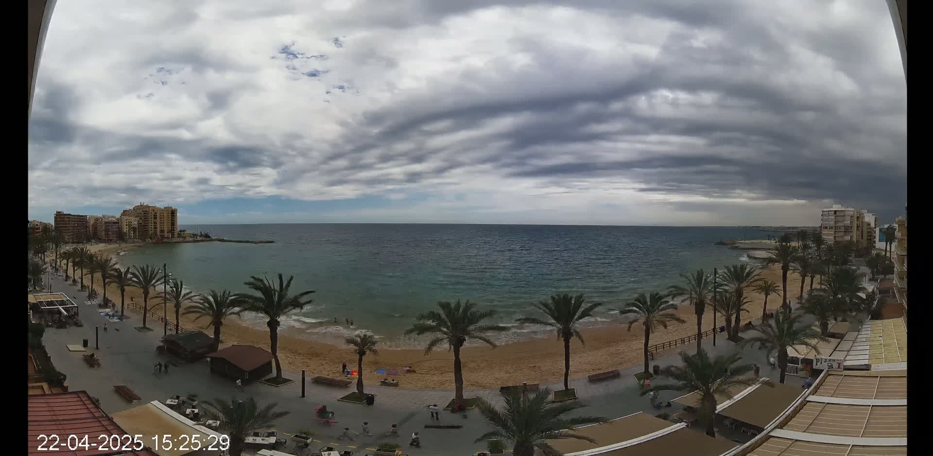 A sandy beach with palm trees lining a paved walkway is seen under a cloudy sky, overlooking a calm sea and buildings in the distance.