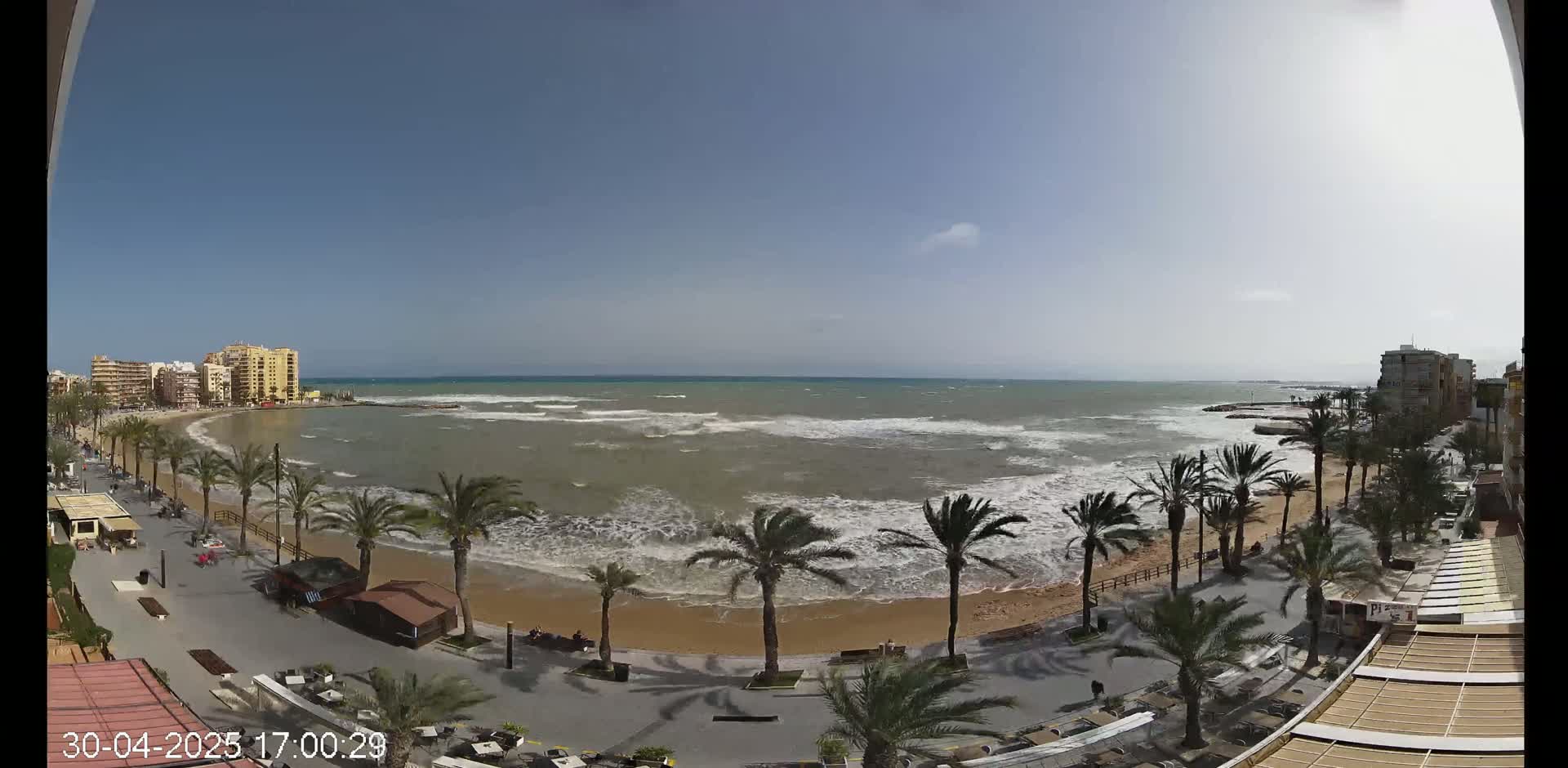 A mostly sunny day shows a beach with palm trees and buildings along a shoreline with moderately rough waves.