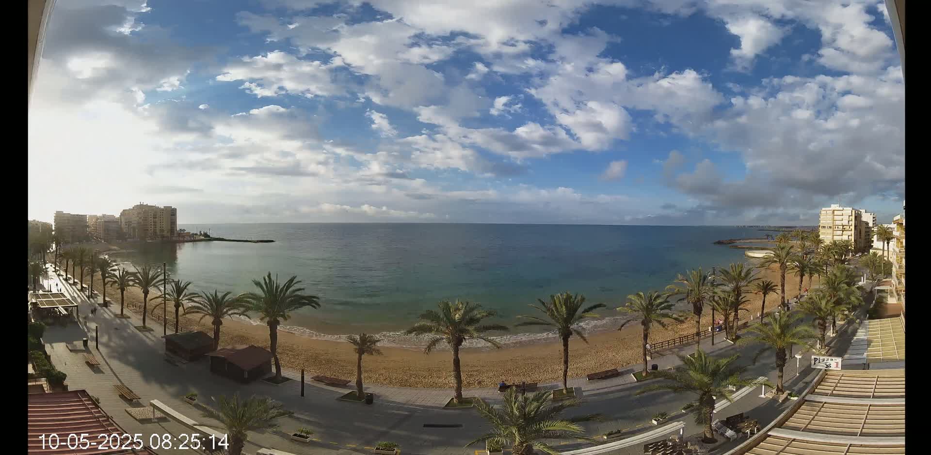 A partly cloudy day reveals a sandy beach lined with palm trees and a boardwalk, with calm ocean waters and buildings in the distance.
