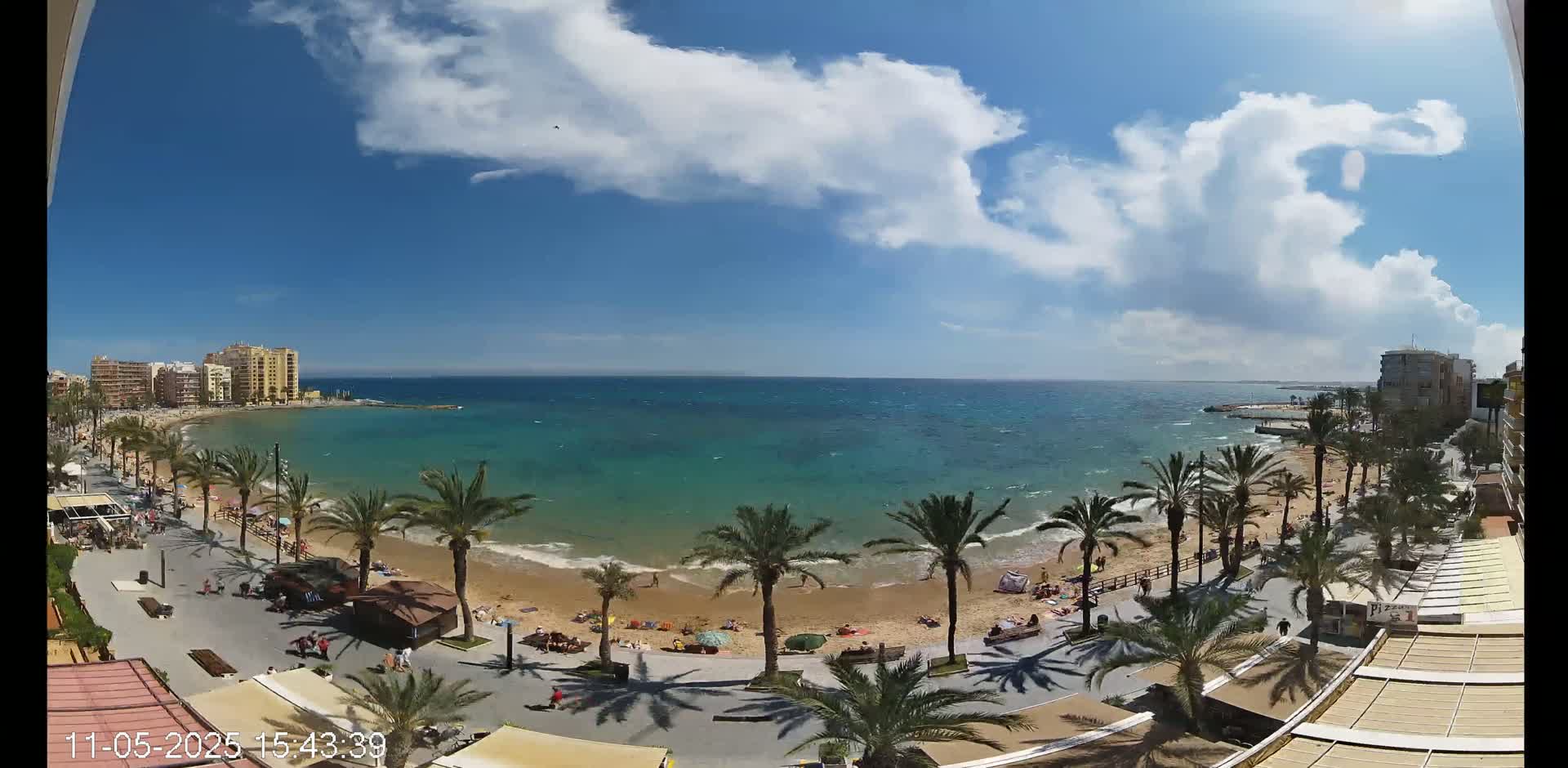 A partly sunny day shows a sandy beach with palm trees, people sunbathing, and buildings lining the shore next to a wavy turquoise sea.