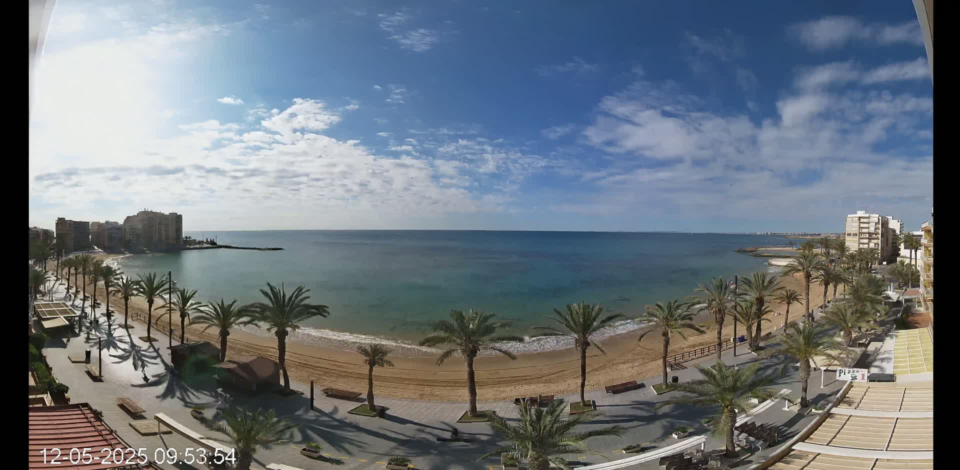 A sandy beach lined with palm trees and buildings stretches along a calm, teal ocean under a mostly sunny sky with scattered clouds.