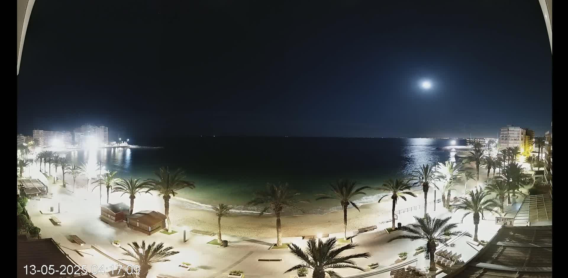 A moonlit night scene shows a calm sea lapping a sandy beach lined with palm trees and illuminated walkways, buildings visible in the background.
