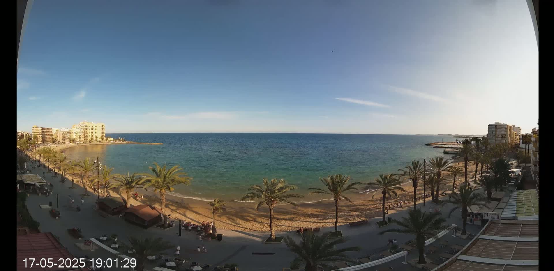 A sunny day shows a beach with palm trees lining a promenade next to buildings, and a calm sea stretching to the horizon.