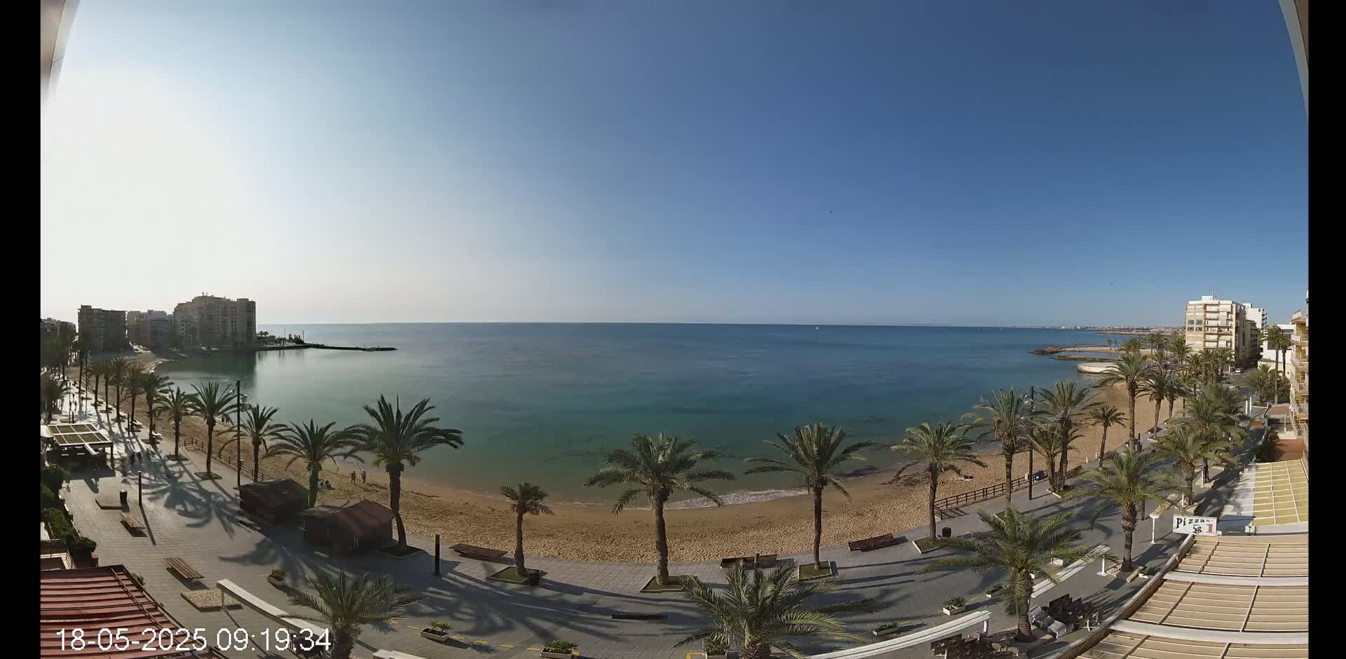 A sandy beach lined with palm trees and buildings is visible under a clear blue sky, next to a calm, turquoise ocean.