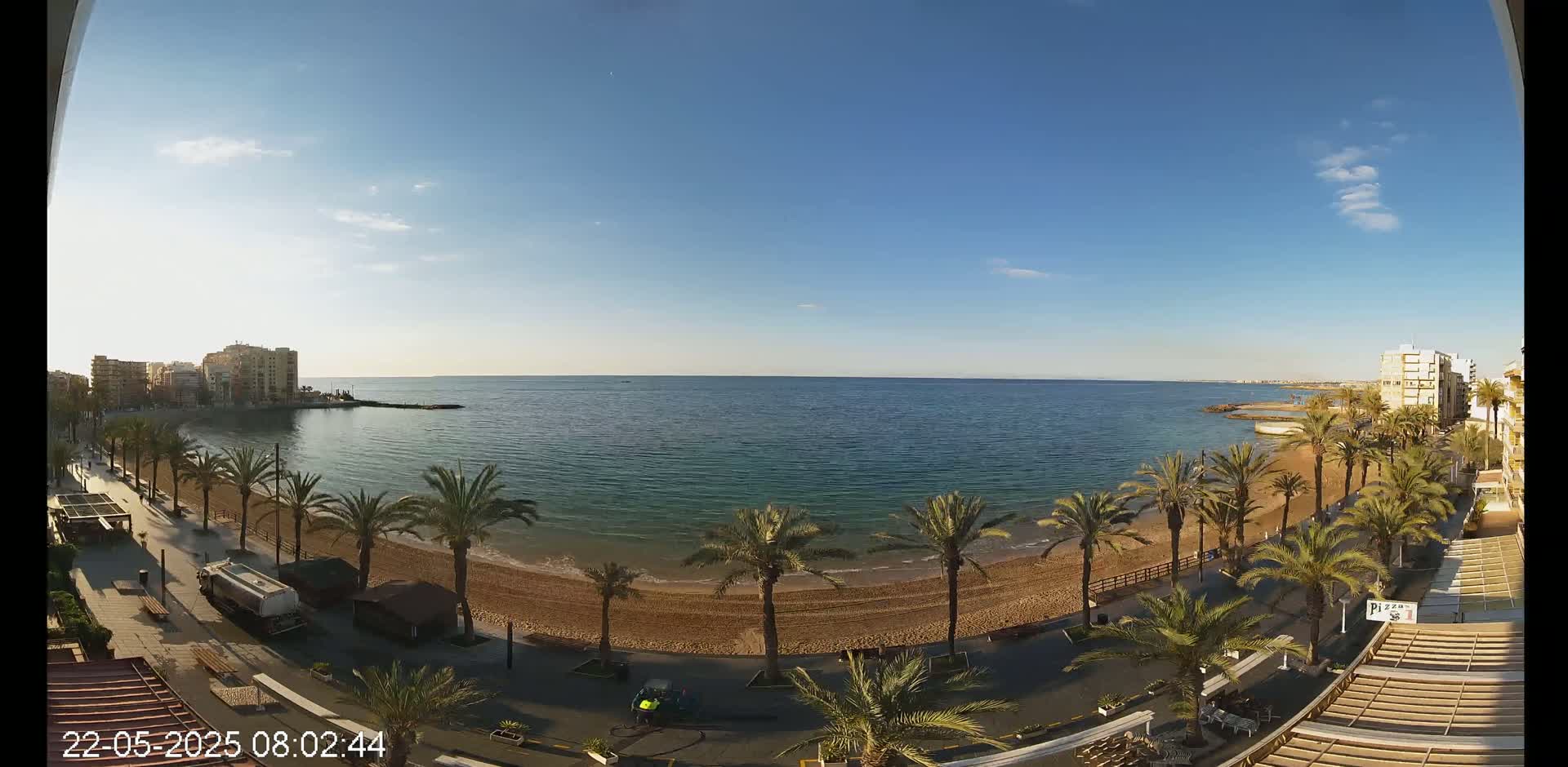 A sunny day shows a sandy beach lined with palm trees and bordered by buildings, overlooking a calm, blue ocean.