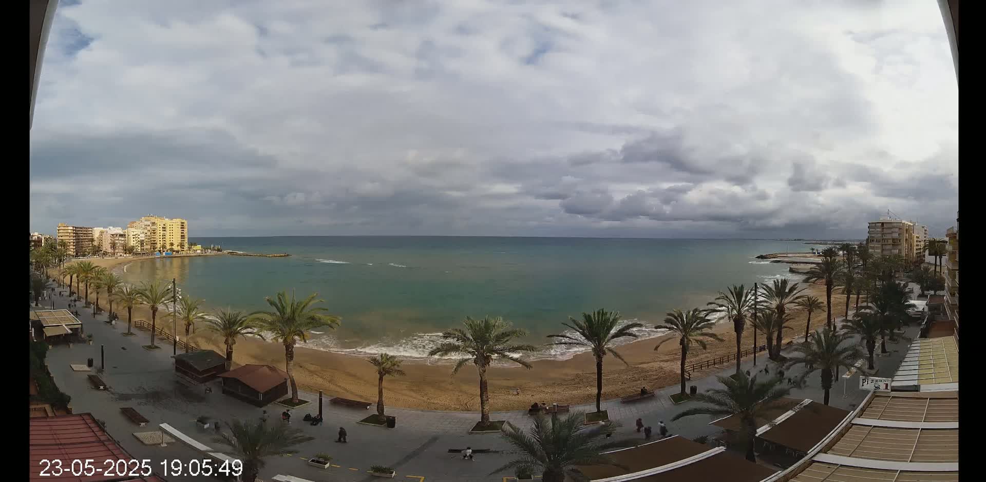 A sandy beach with palm trees and buildings along a calm ocean under a cloudy sky.