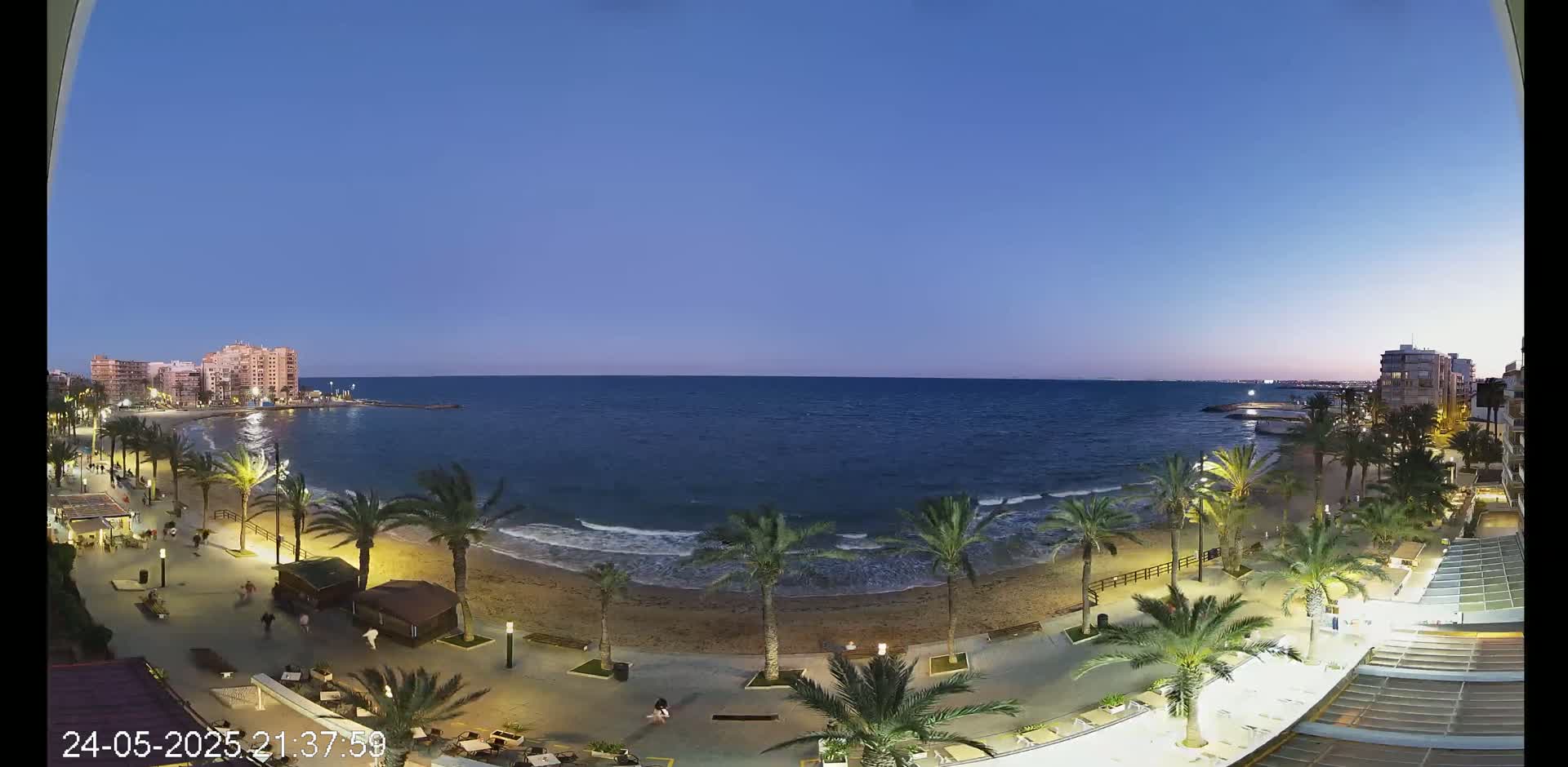 A nighttime view of a sandy beach lined with palm trees and buildings, under a clear twilight sky, shows a calm sea with small waves.