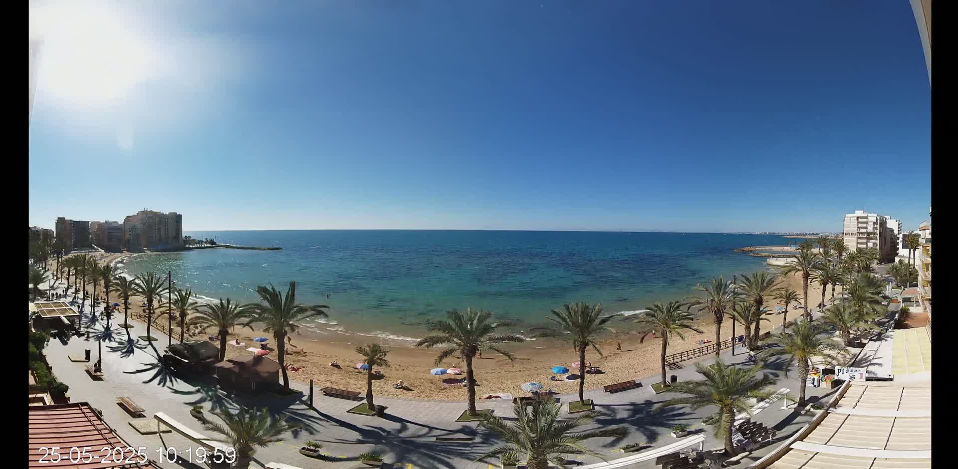 A sandy beach with palm trees and a few sunbathers is bordered by a promenade and buildings, all under a clear blue sky.