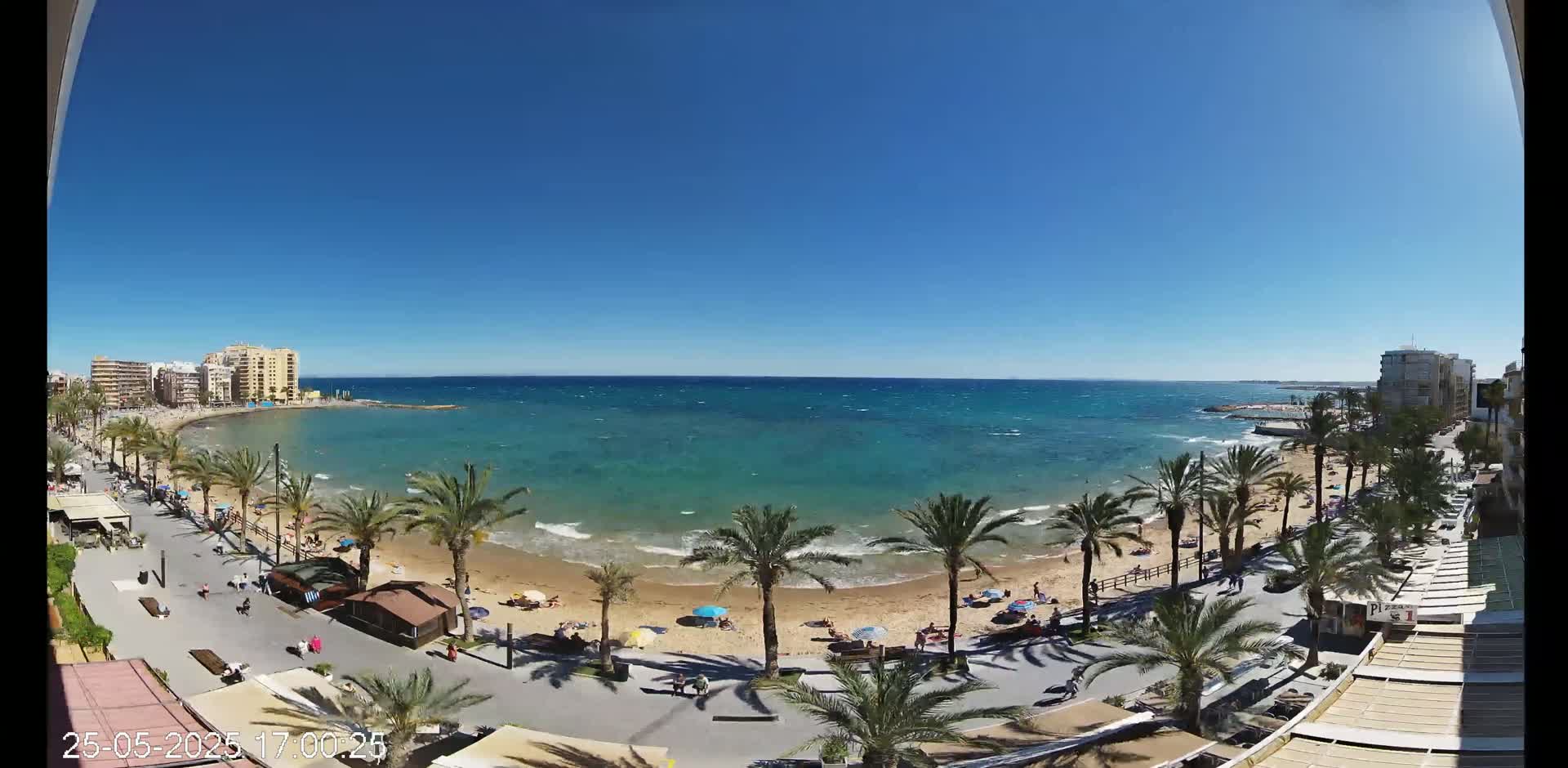 A beach with palm trees, buildings, and people under a clear blue sky and a windy sea.