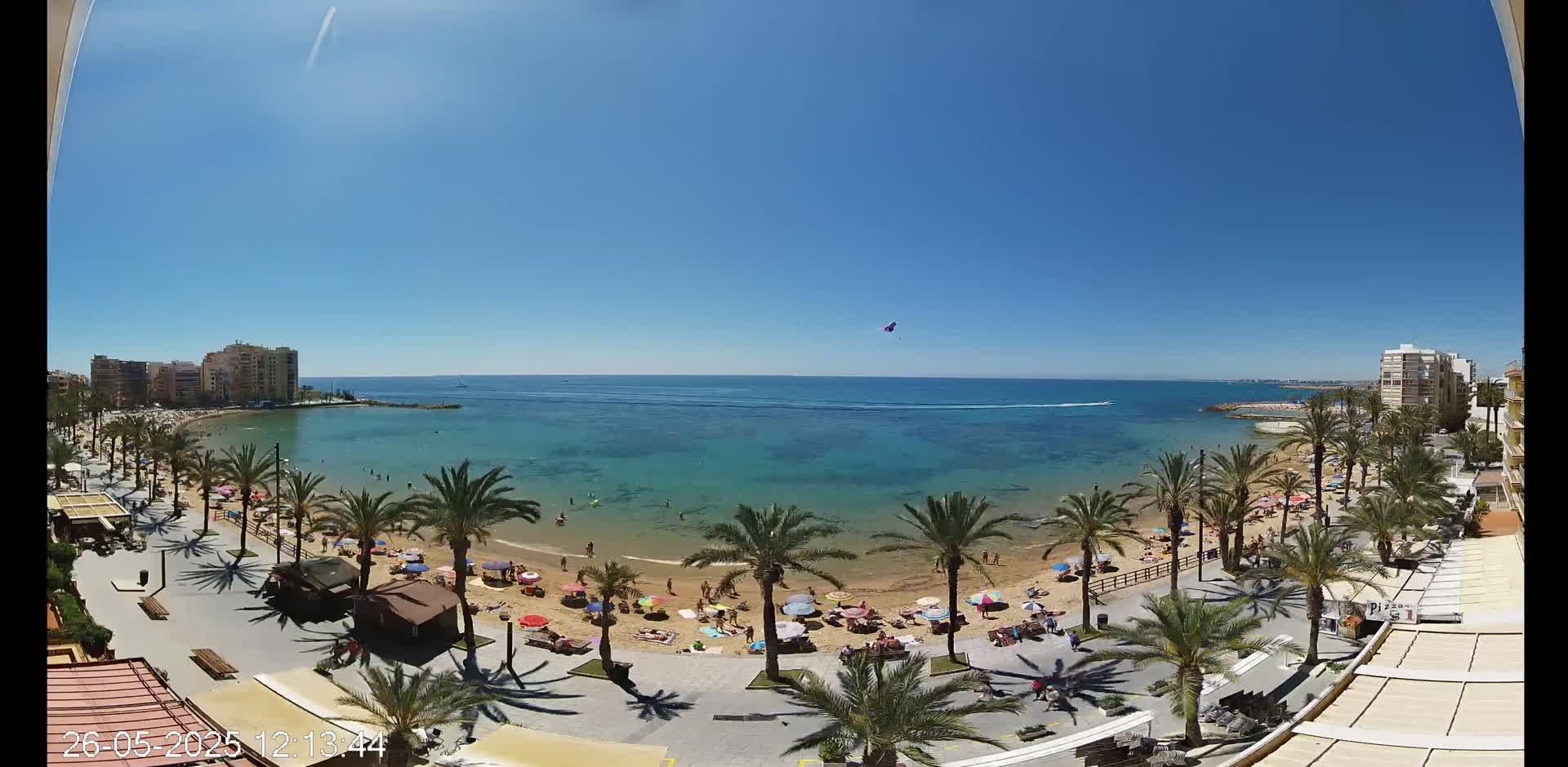 A sunny day at a beach with clear turquoise water, palm trees lining a sandy shore with sunbathers and umbrellas, and buildings visible in the distance.