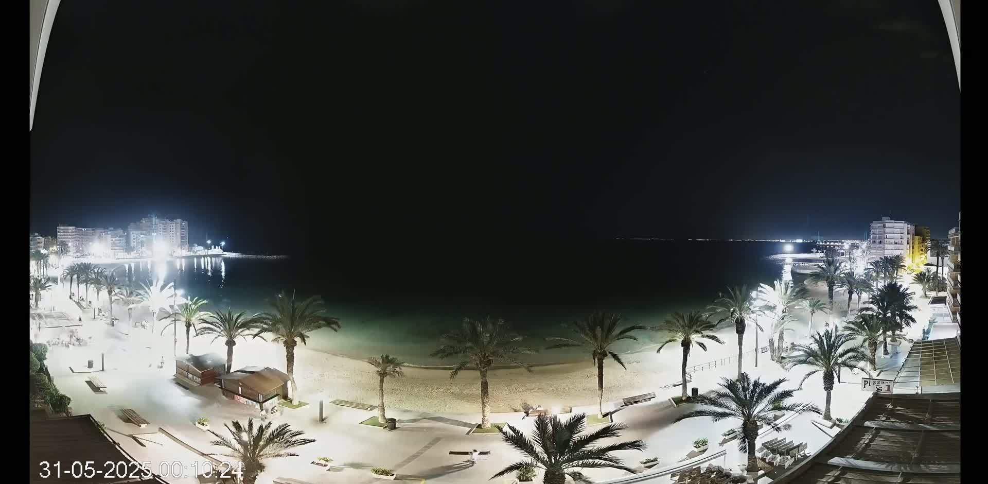 A nighttime, brightly lit beach scene shows a sandy shore lined with palm trees, buildings, and calm, dark water under a clear, dark sky.