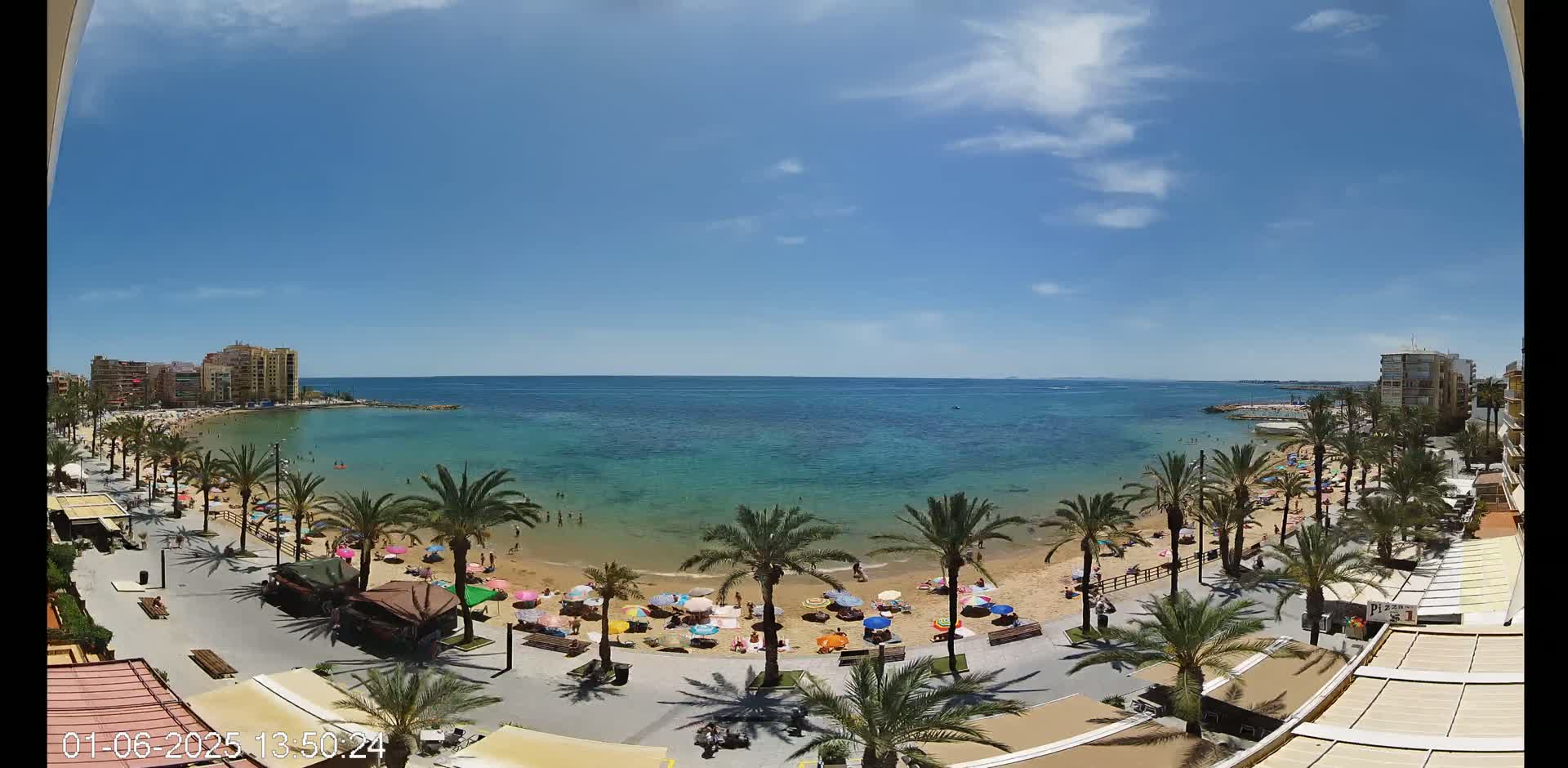 A sunny day at a beach, with palm trees lining a sandy shore and people enjoying the water and sun under colorful umbrellas, backed by buildings and a clear blue sky.
