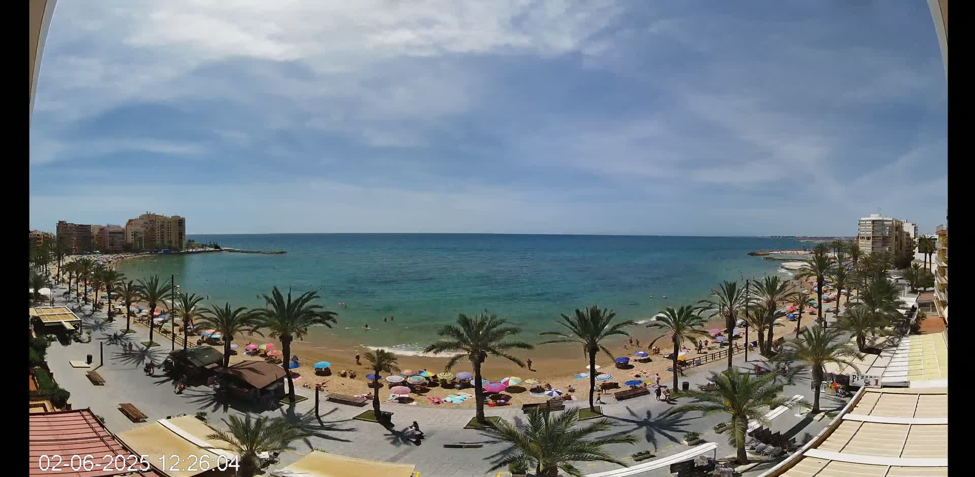 A sunny day at a beach, showing a sandy shore lined with palm trees, colorful umbrellas, and buildings in the background.