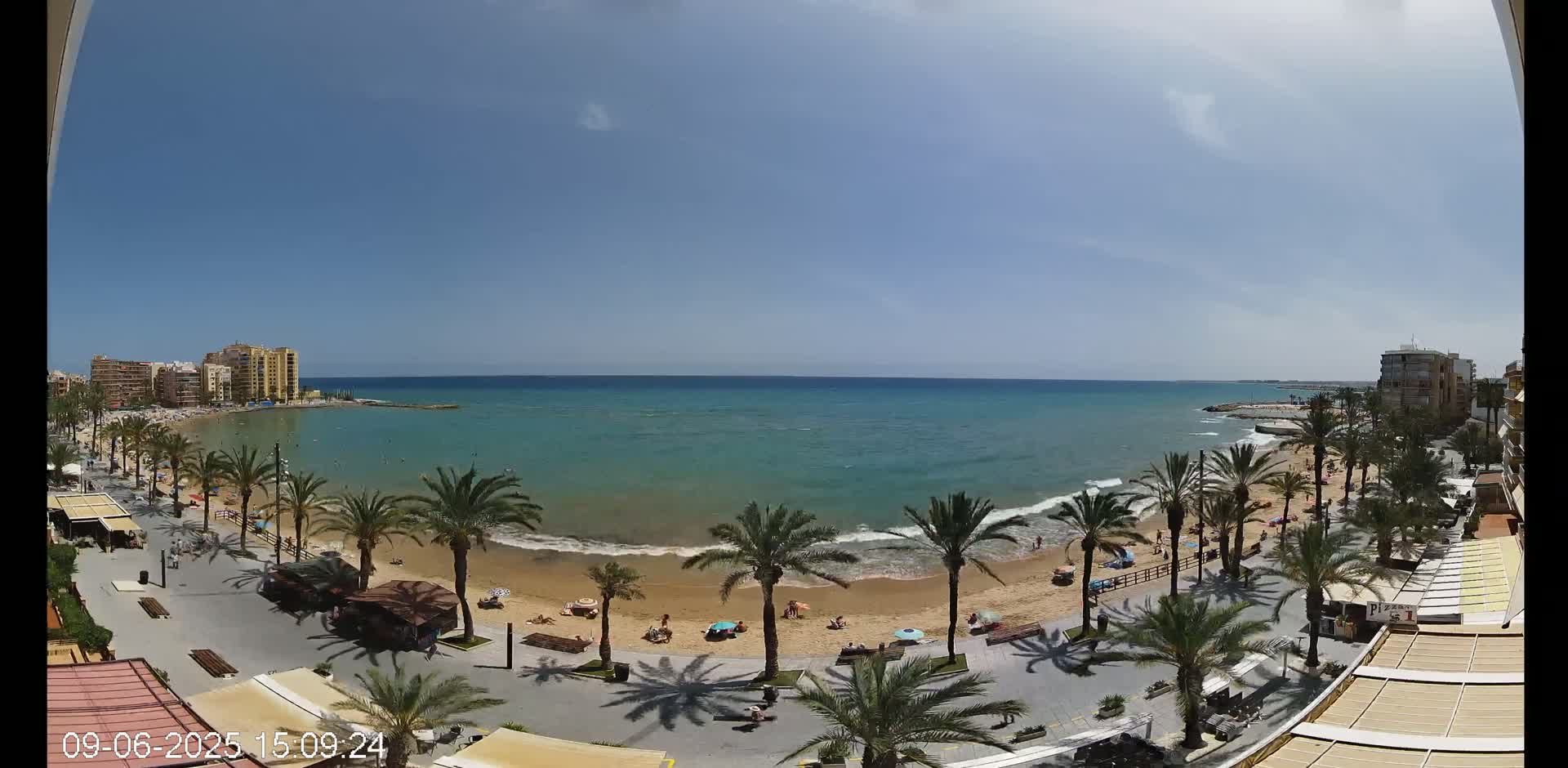 A sunny day at a beach with palm trees lining a paved walkway, buildings in the background, and people enjoying the sand and ocean.