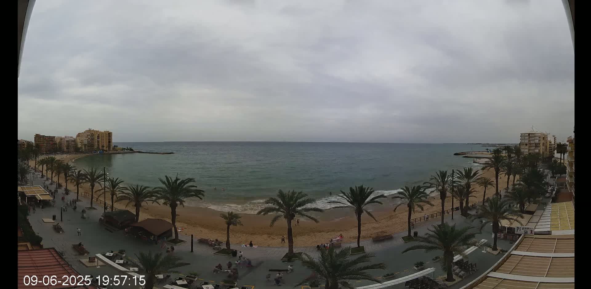 A sandy beach lined with palm trees and buildings is seen on an overcast day, with calm ocean waves gently lapping the shore.