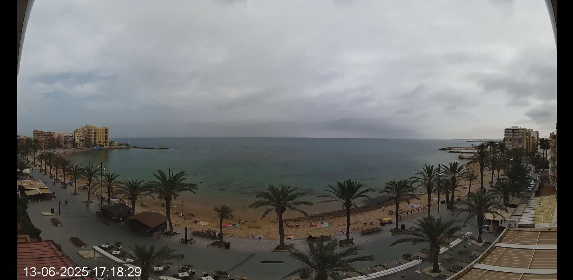 A sandy beach with palm trees lining a paved walkway, and buildings visible in the distance under an overcast sky.