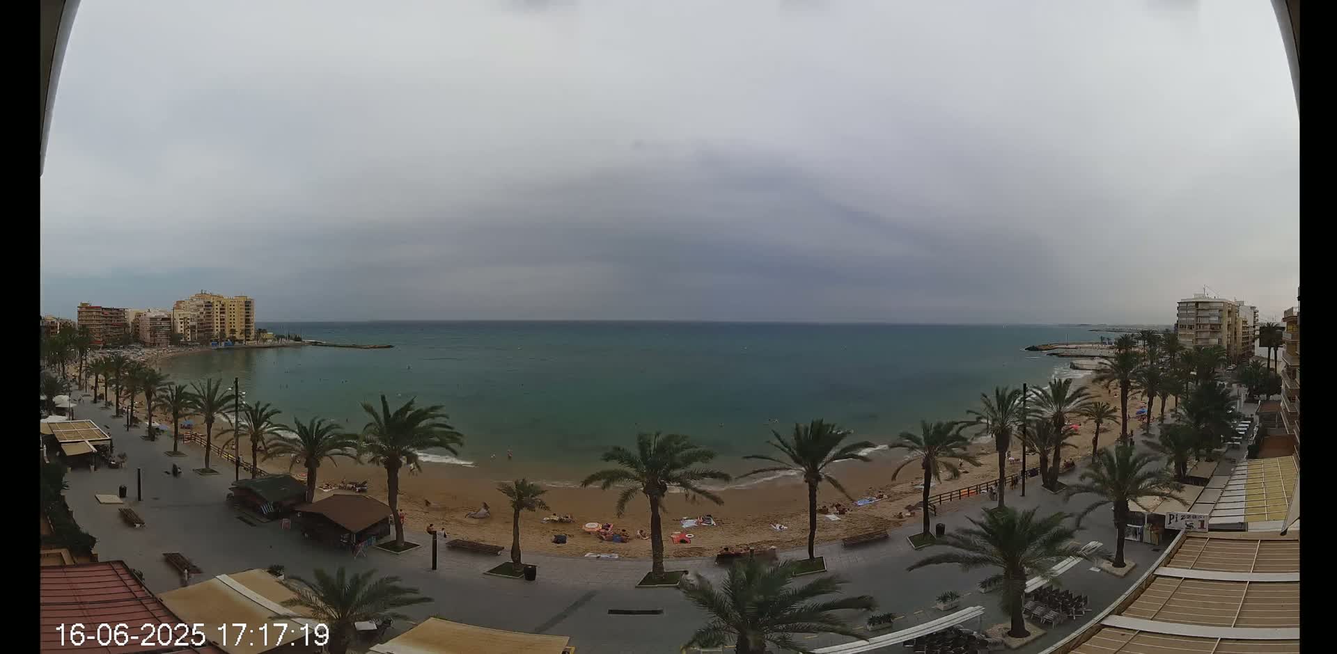 A beach with palm trees and buildings along a calm, overcast ocean.