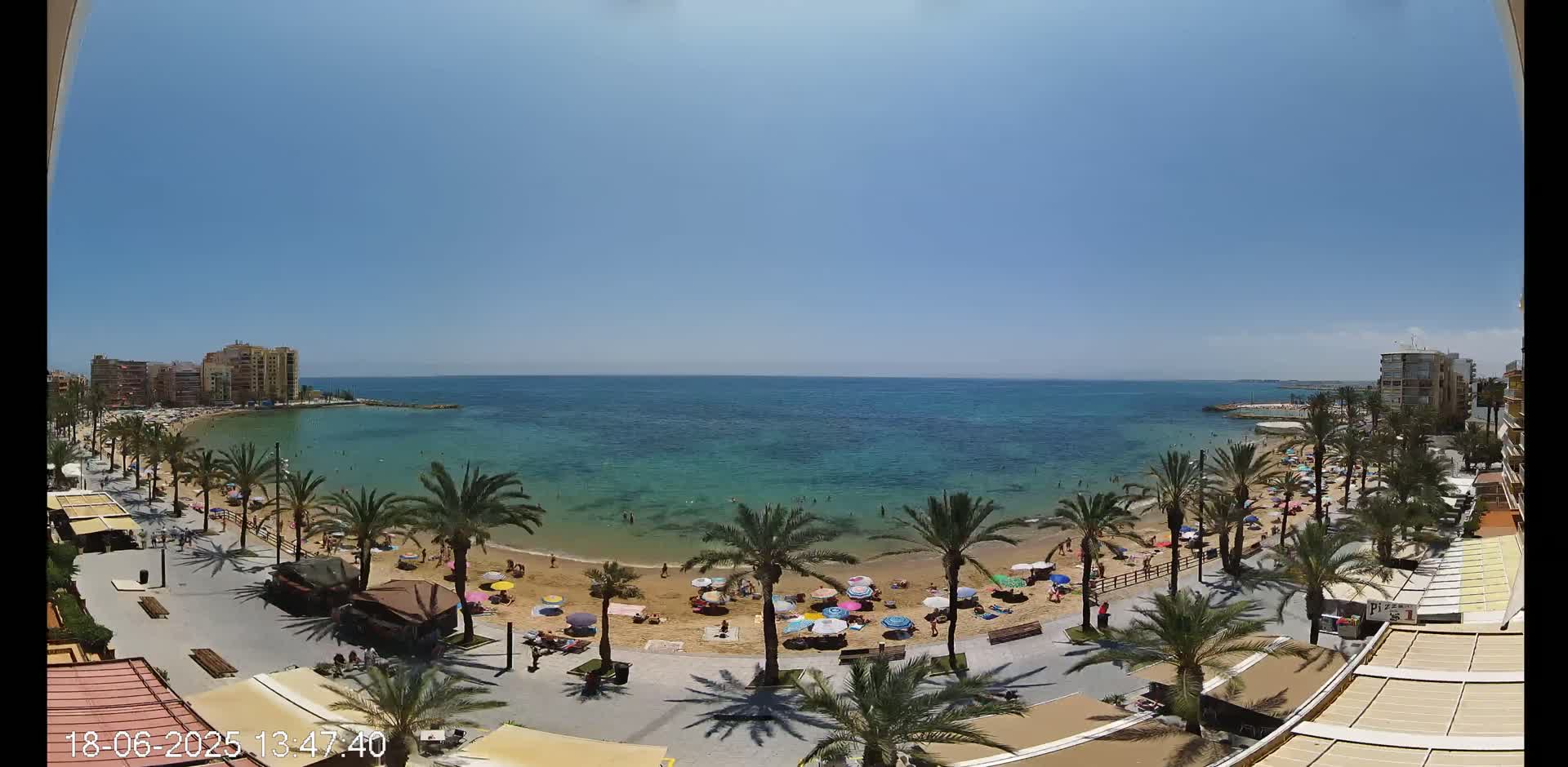 A sunny day at a beach with palm trees lining a boardwalk, many people sunbathing and swimming in clear water, and buildings in the distance.