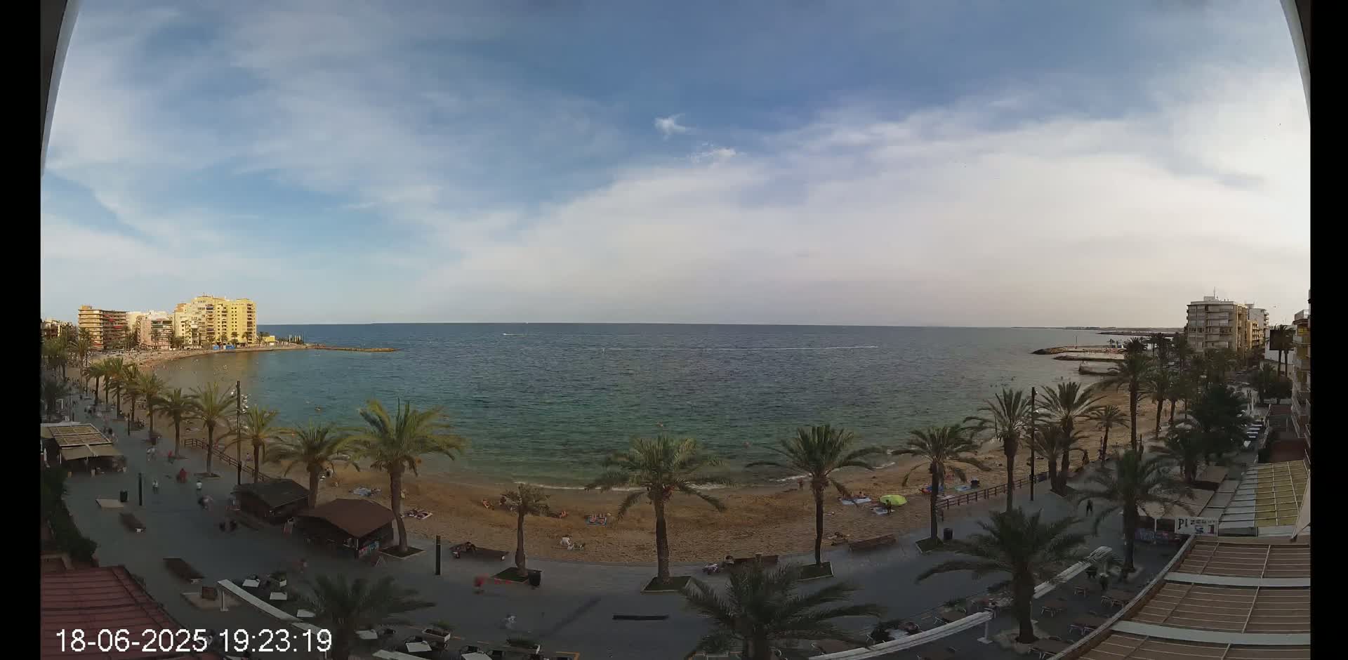 A sandy beach with palm trees lines a calm, teal-colored ocean under a partly cloudy sky.