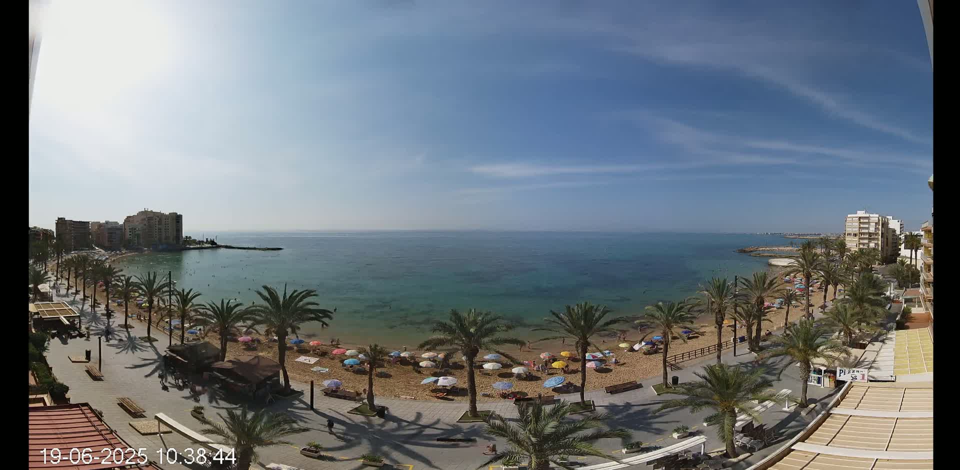 A sunny day at a beach with palm trees lining a boardwalk next to a sandy shore and calm, clear ocean water.