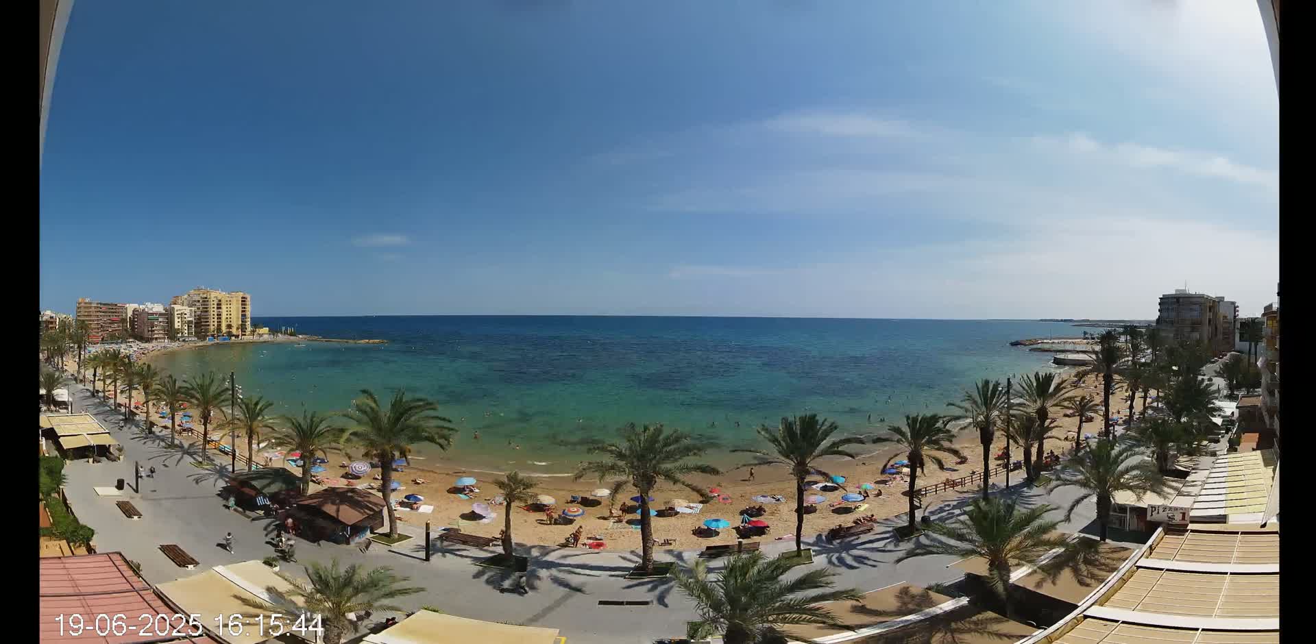 A sandy beach with palm trees and sunbathers is situated along a calm, clear turquoise ocean under a bright, sunny sky.