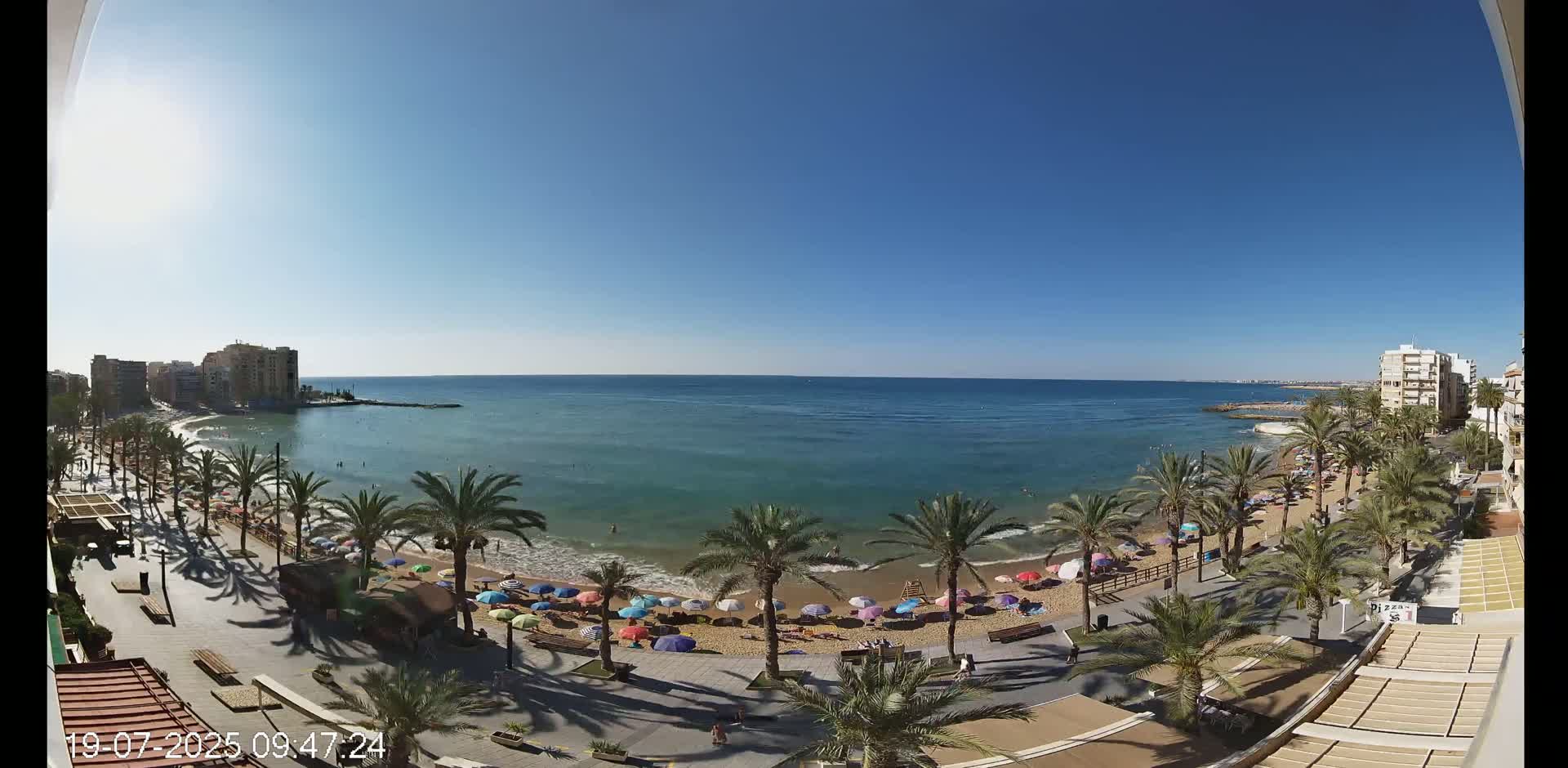A sunny day at a beach, showing a sandy shore lined with palm trees, colorful umbrellas, and buildings in the background.