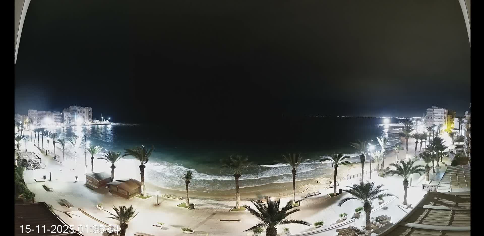 An illuminated beachfront promenade lined with palm trees overlooks an ocean with breaking waves and distant city lights under a clear night sky.