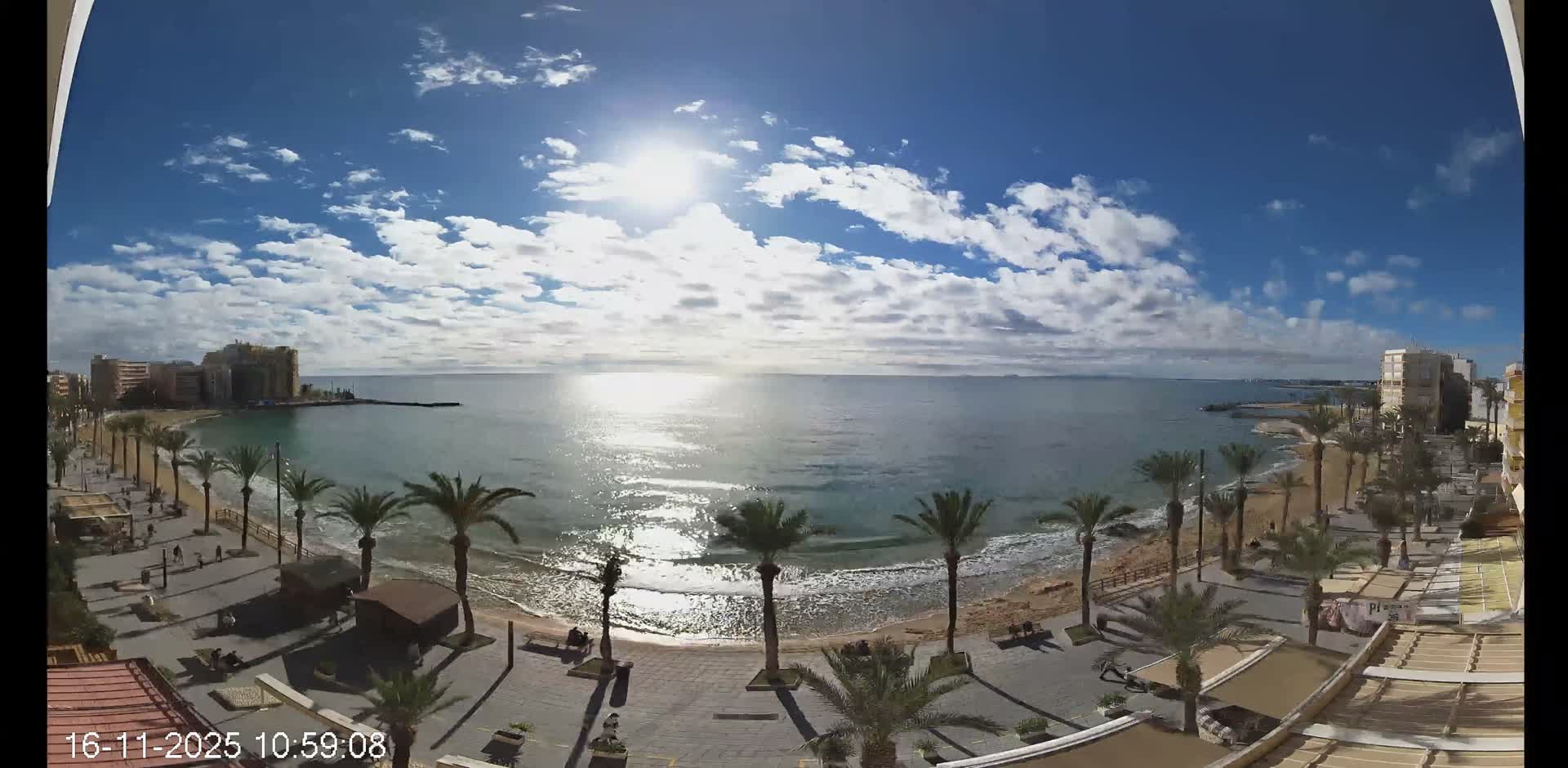 A panoramic view shows a sunny day over a bustling beachfront promenade lined with palm trees, a sandy beach, and the sparkling ocean reflecting the sun, with urban buildings flanking both sides and a partly cloudy blue sky overhead.