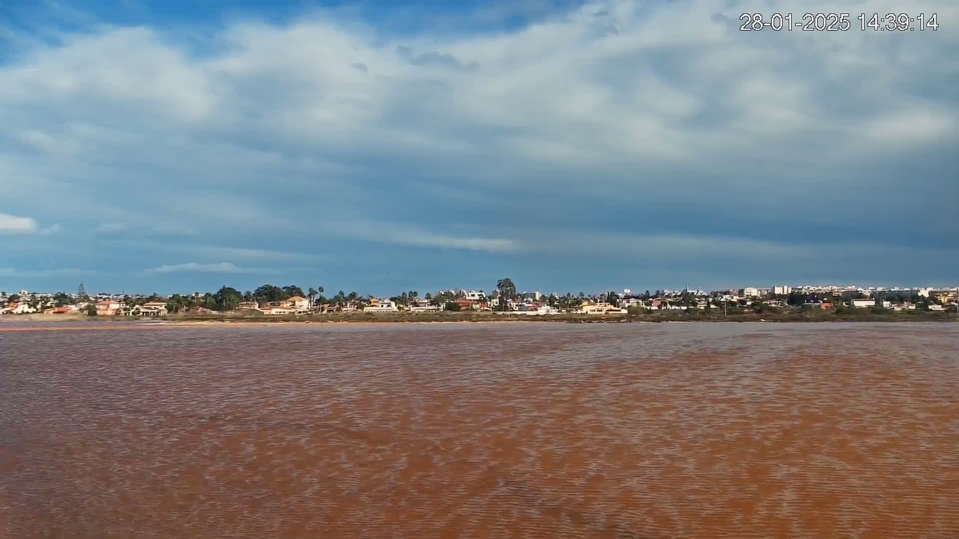 A reddish-brown body of water stretches to a shoreline of houses and vegetation under a mostly cloudy sky.