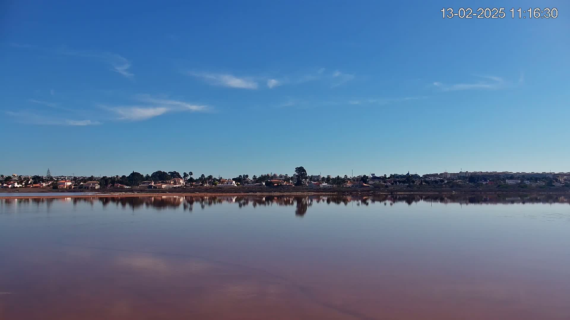 A calm, pinkish lake reflects a clear blue sky and a line of buildings and trees on the far shore.
