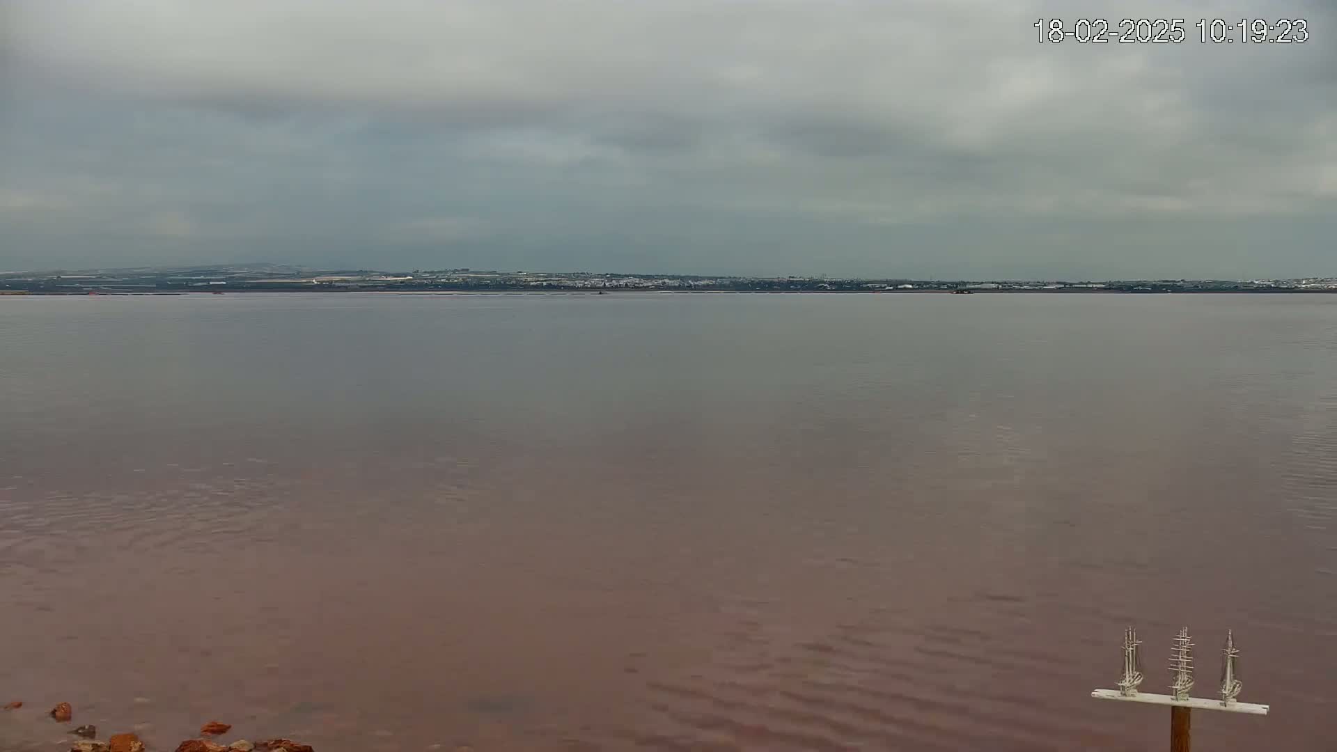 A calm, pale pink body of water stretches to a distant shoreline under a cloudy sky.