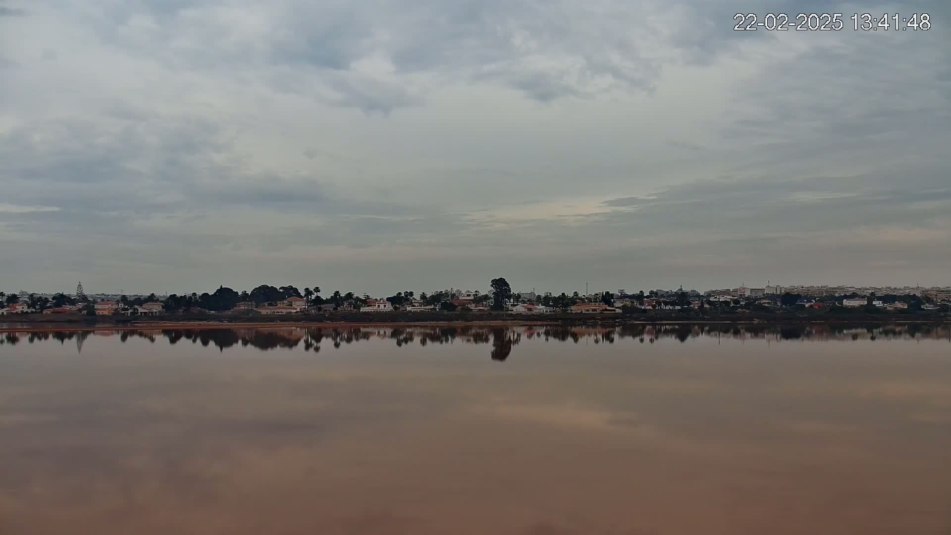 A calm, reddish-brown body of water reflects a line of houses and trees under a cloudy sky.