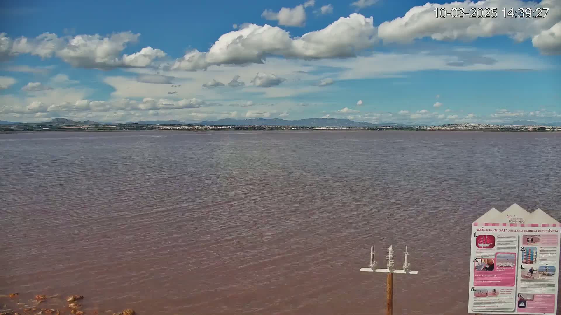 A pinkish-brown body of water stretches to a distant shoreline under a partly cloudy blue sky.
